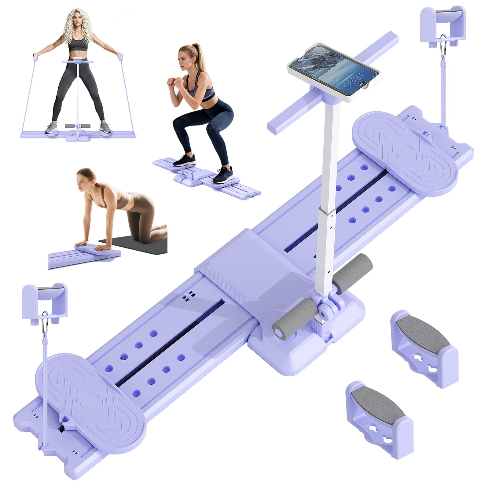 Kit Pilates Reformer, Machine à Ski 5 en 1, Planche de Pilate Pliable, Appareil Abdominaux, Push up Board, Poignées Amovibles avec Support Téléphone, pour le Renforcement du Core, Fessiers, Bras