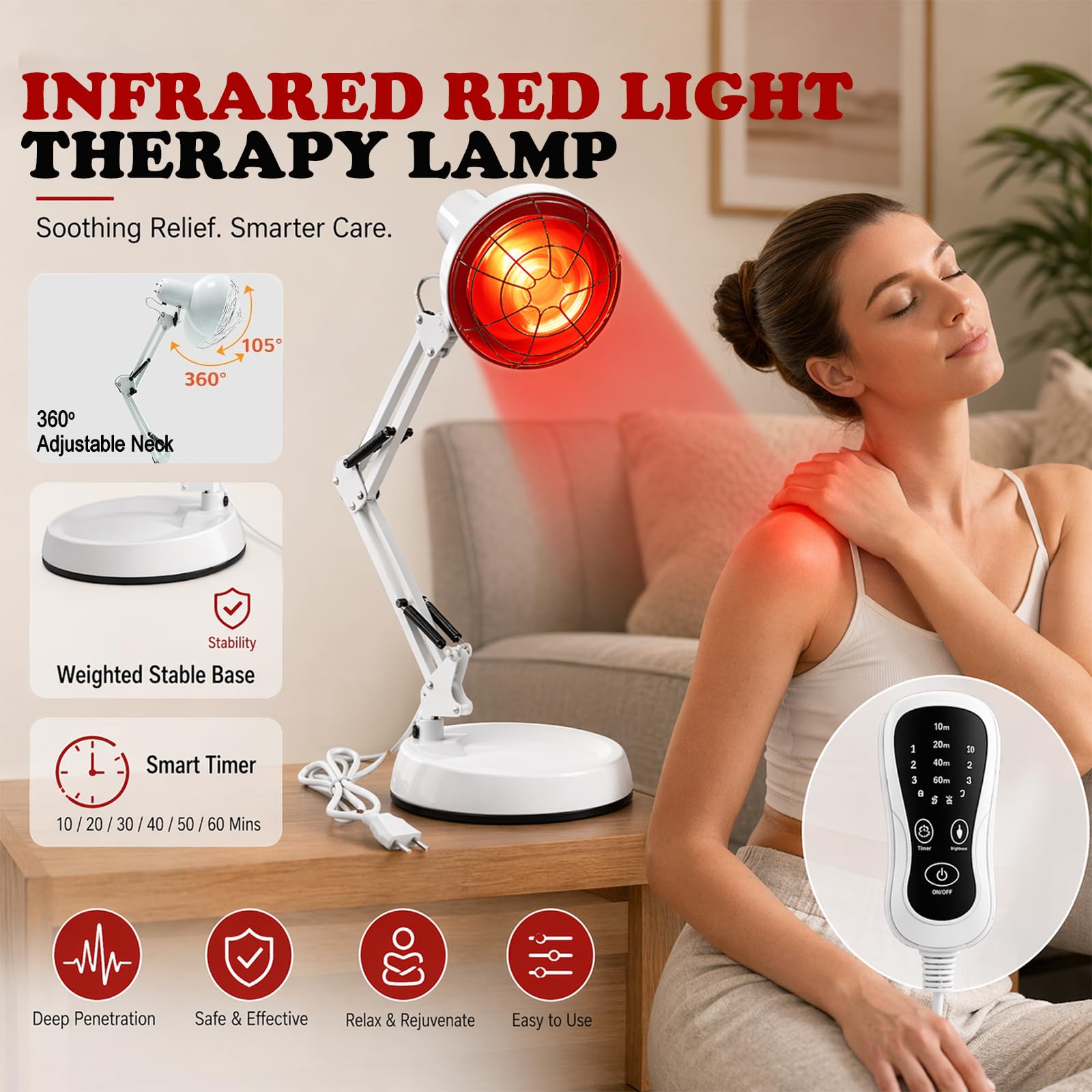 LOMUG Lampe Infrarouge 150W 10 Niveaux de Température Réglable, Lumiere Infrarouge avec Minuterie ELectronique, Bras de Support RéGlable, Lampe Chauffante pour La Maison