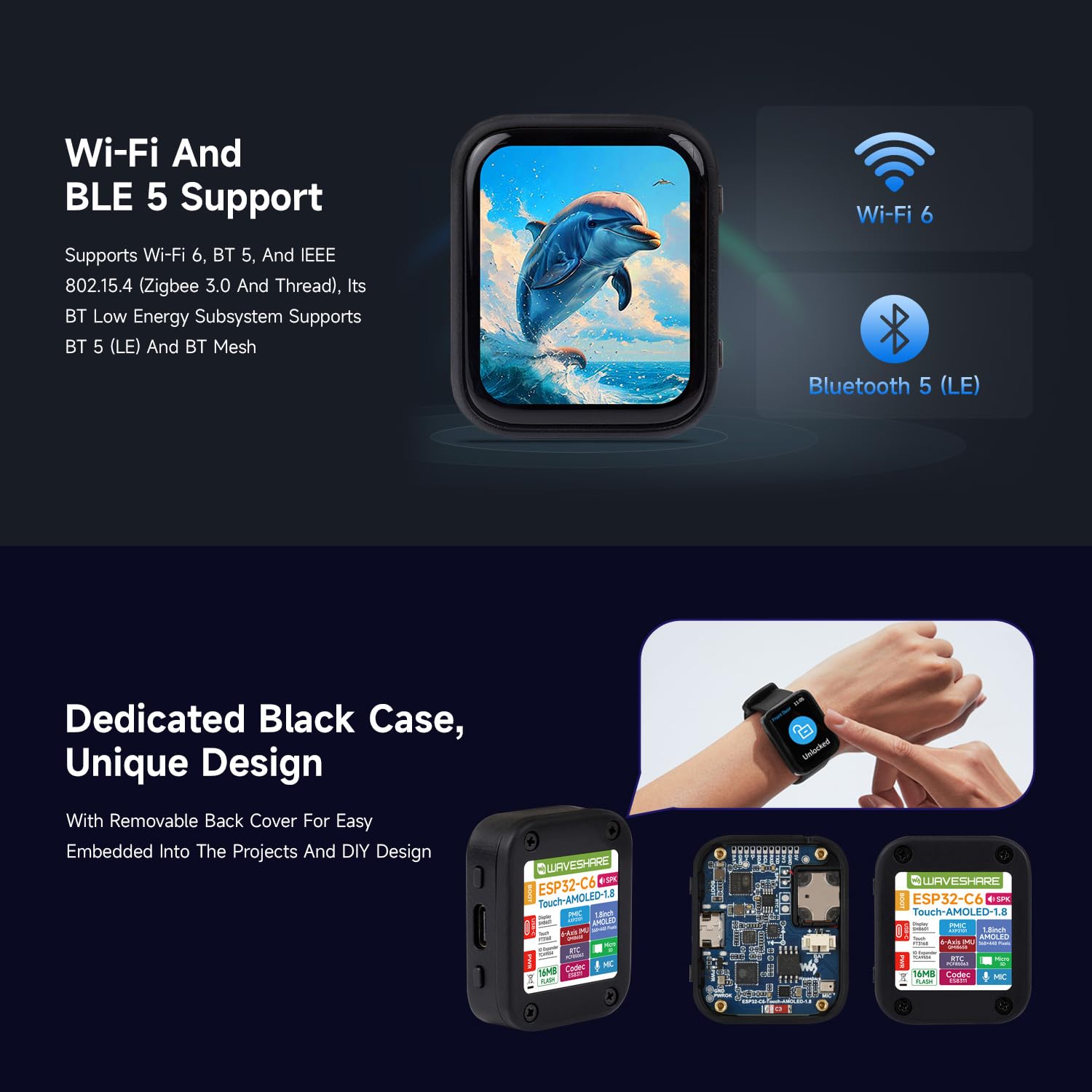 Waveshare ESP32-C6 1.8inch Touch AMOLED Display Development Board, 368 × 448 Resolution, Supports Wi-F 6, BLE 5 and Zigbee,No Batt