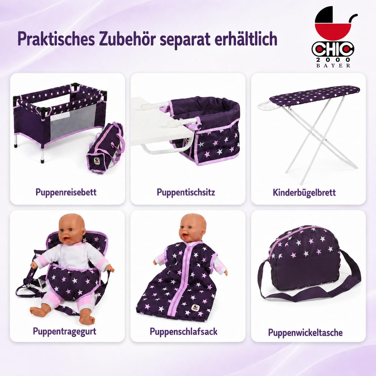 Bayer Chic 2000 - Wózek dla lalek Mika, wózek dla lalek kombi, 2 w 1, dla dzieci w wieku od 4 do 8 lat, kolor fioletowy, 73 x 41 x 82 cm
