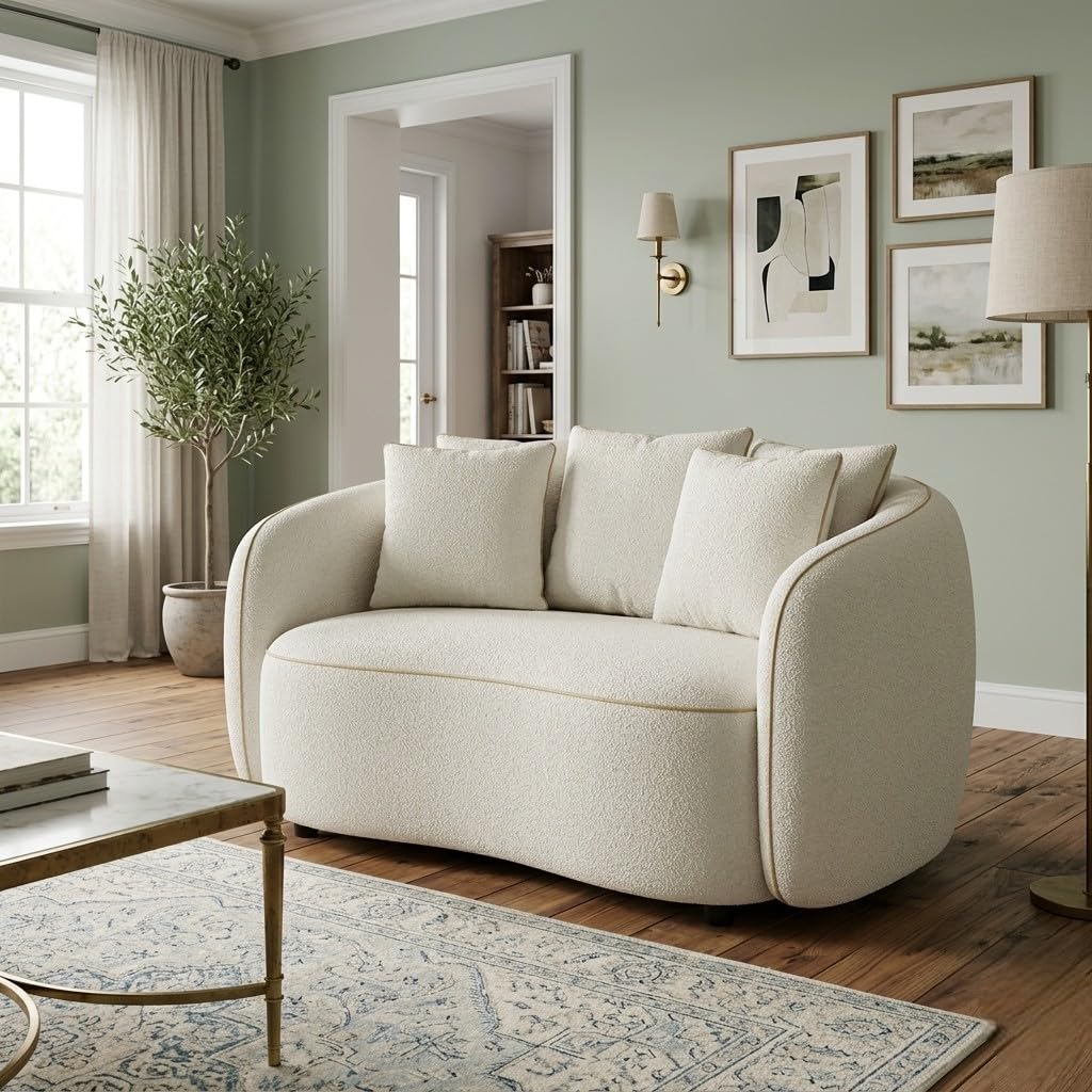 Modern 2 Seater Curved Sofa | Soft Bouclé Fabric Loveseat | Upholstered Lounge Couch for Living Room Bedroom | Stylish Designer Sofa Chair (Ivory)-image-20