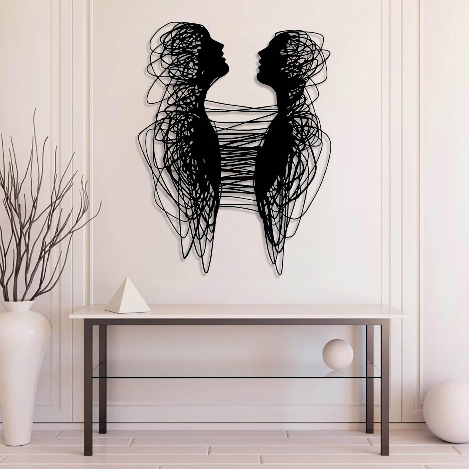 Nowoczesna minimalistyczna sztuka metalowa dekoracja ścienna abstrakcyjna para, sztuka liniowa, wisząca, dla par, salonu, łazienki, wisząca (srebrna, 47 x 36 cm)