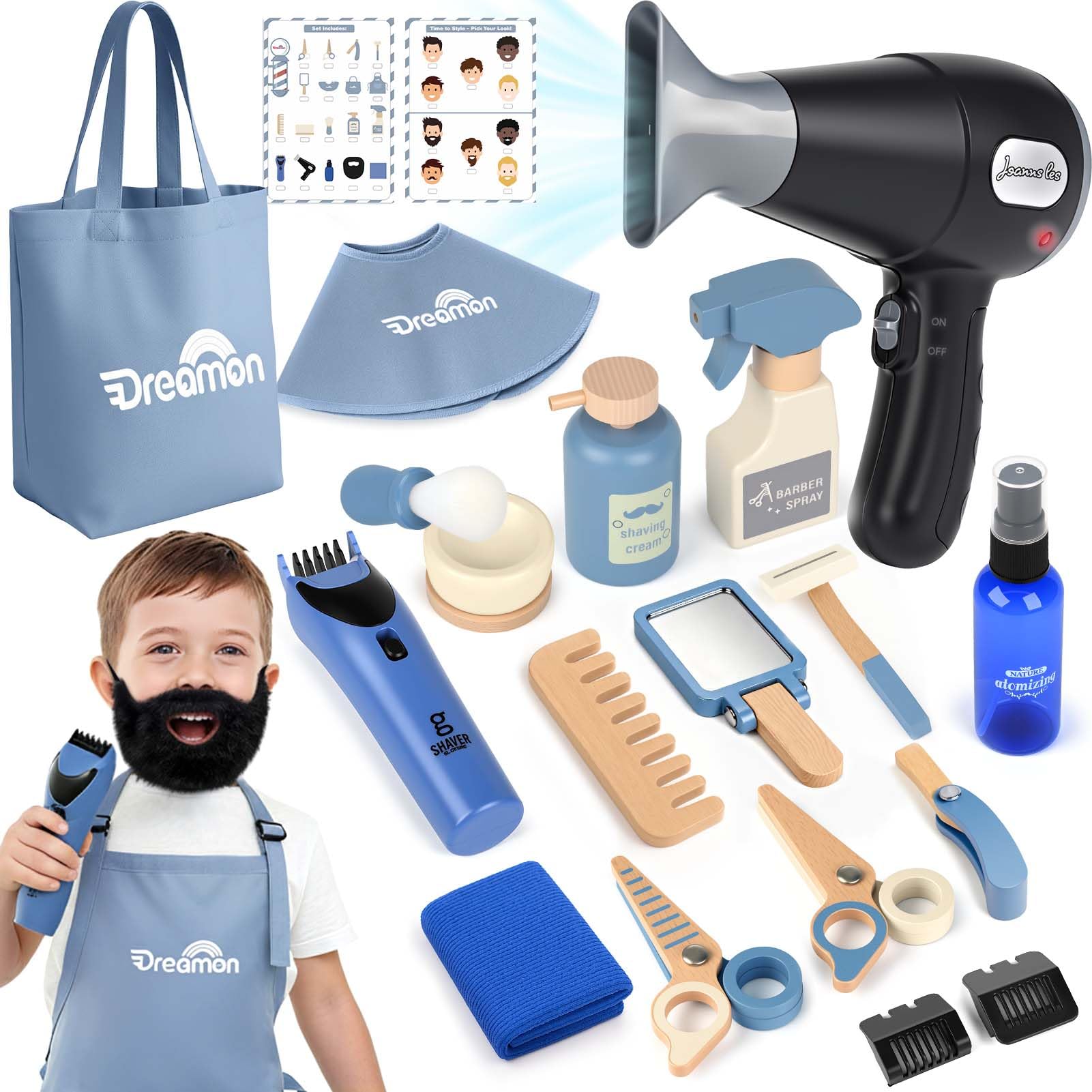 Dreamon Set de Peluquería Infantil de Madera, con Secador de Pelo Maquinilla de Afeitar Barba Postiza Delantal y Bolsa de Almacenamiento Regalo para Niños de 3 4 5 6 Años