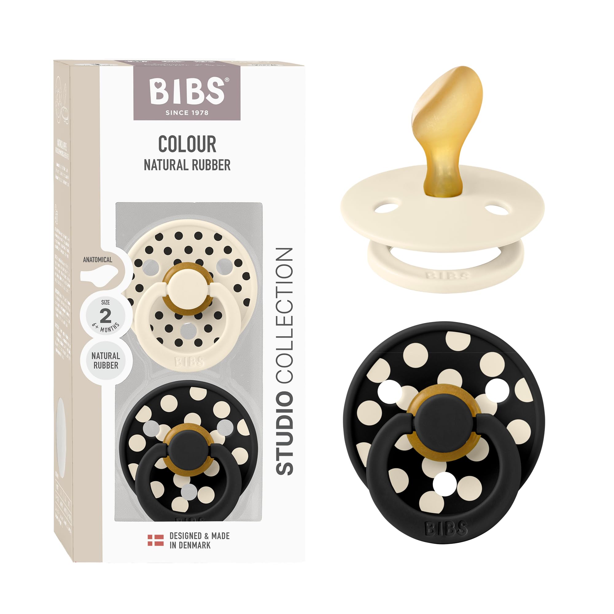 BIBS Polka Dots Soother 2-Pack, BPA Free Dummy Pacifier, Anatomical Nipple. Natural Rubber Latex, Made in Denmark, Size 2 (6-18 Months), Ivory/Black