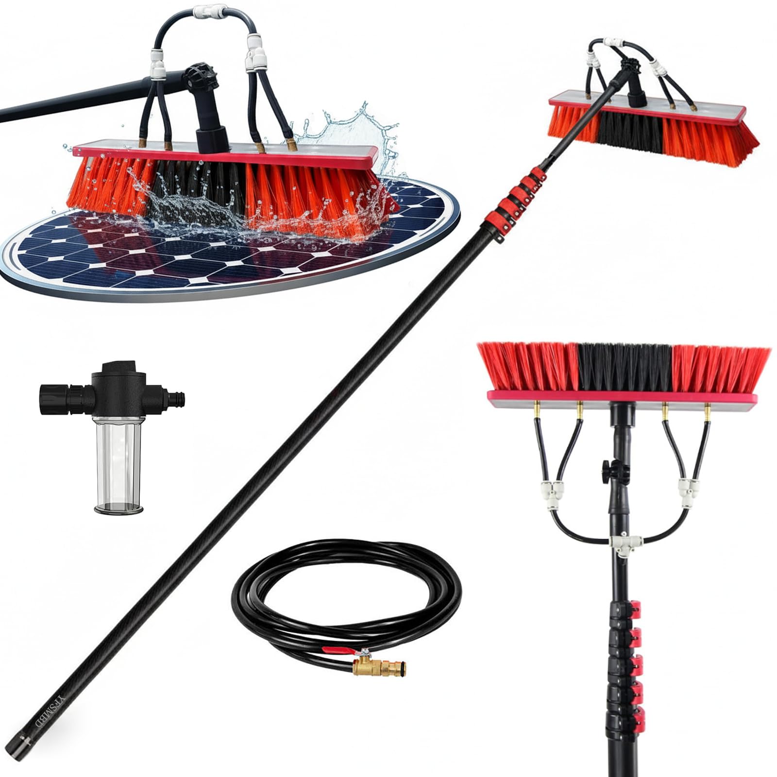 3.6-20 m Carbon Fibre Telescopic Water-Fed Pole for Solar Panel Cleaning, Lightweight, 180° Adjustable Brush with Soap Dispenser & 20m Hose, Cleaner for Window/Caravan/Roof/Patio (55cm Brush,3.6M)
