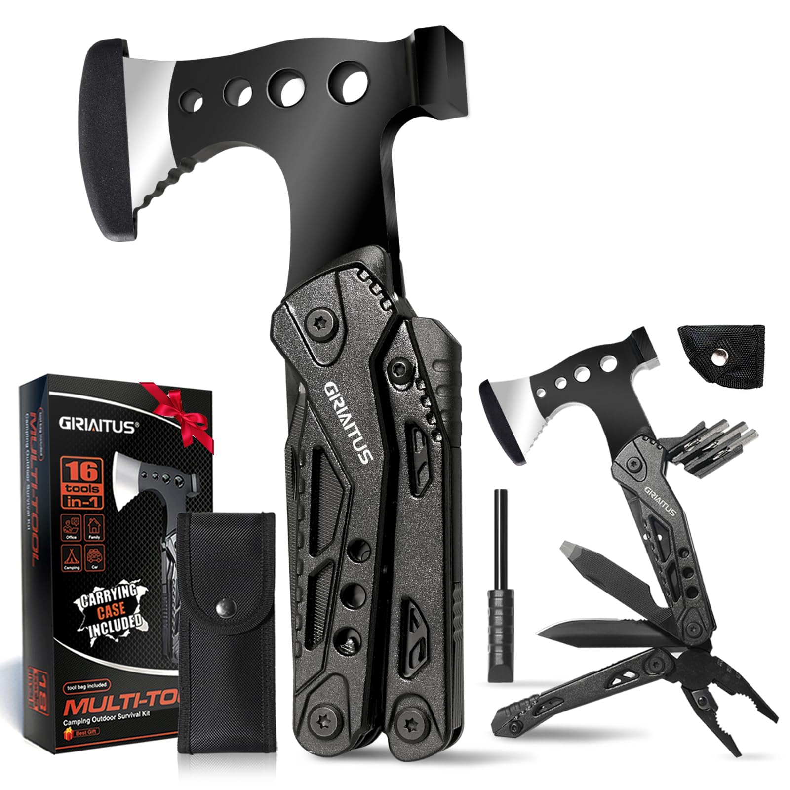 GIRIAITUSCamping Essentials Multi Tool Gifts for Men Dad 16in1 Multitool Survival Gear with Hammer Pliers Saw Screwdrivers Bottle Opener Whistle Christmas Stocking Fillers Gadgets for Outdoor, Hiking, Repair