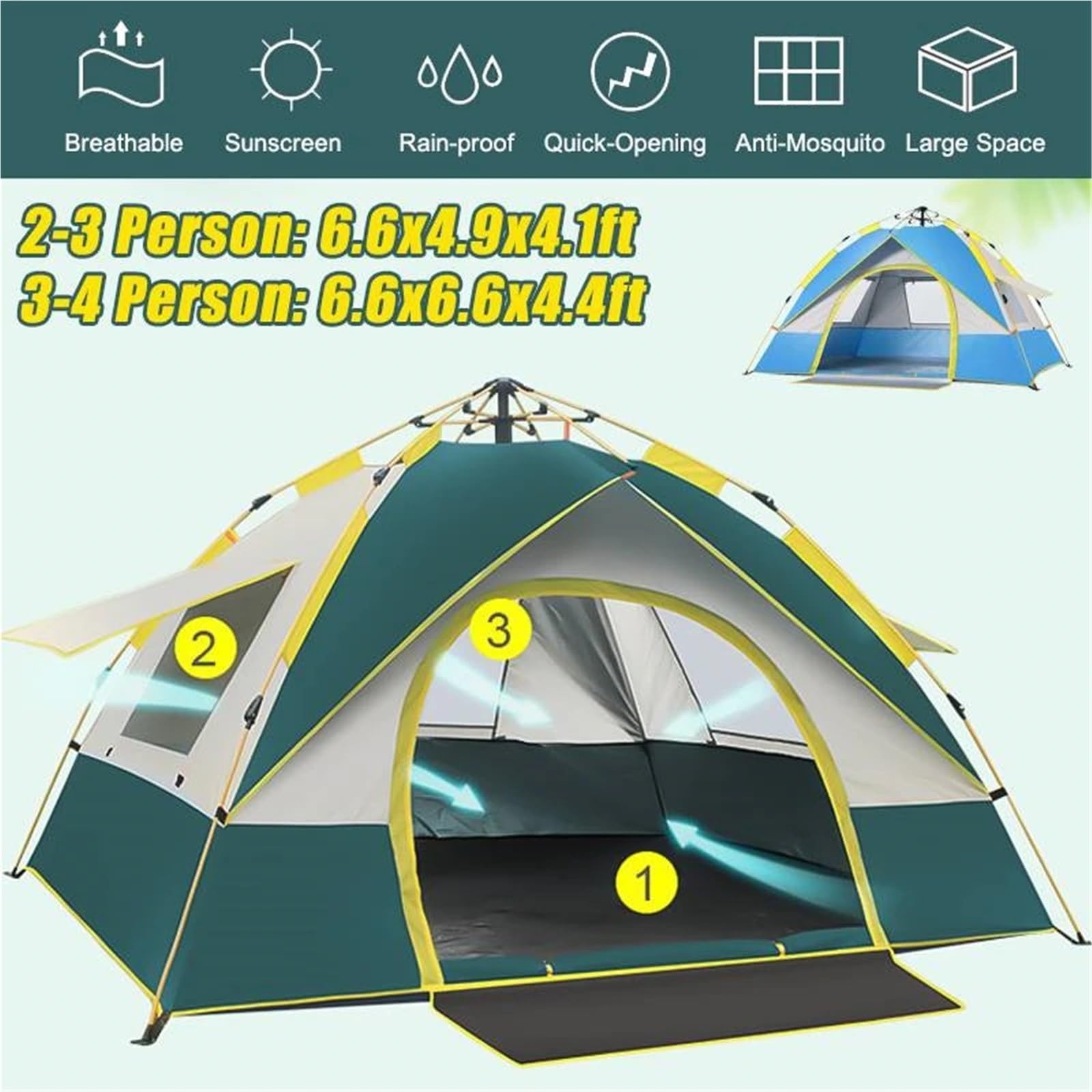 Tente de Plage Auvent Pare-Soleil de Camping for 1 à 4 Personnes, imperméable, Coupe-Vent, entièrement Automatique, for Voyage en Famille(Blue 3-4 Person)