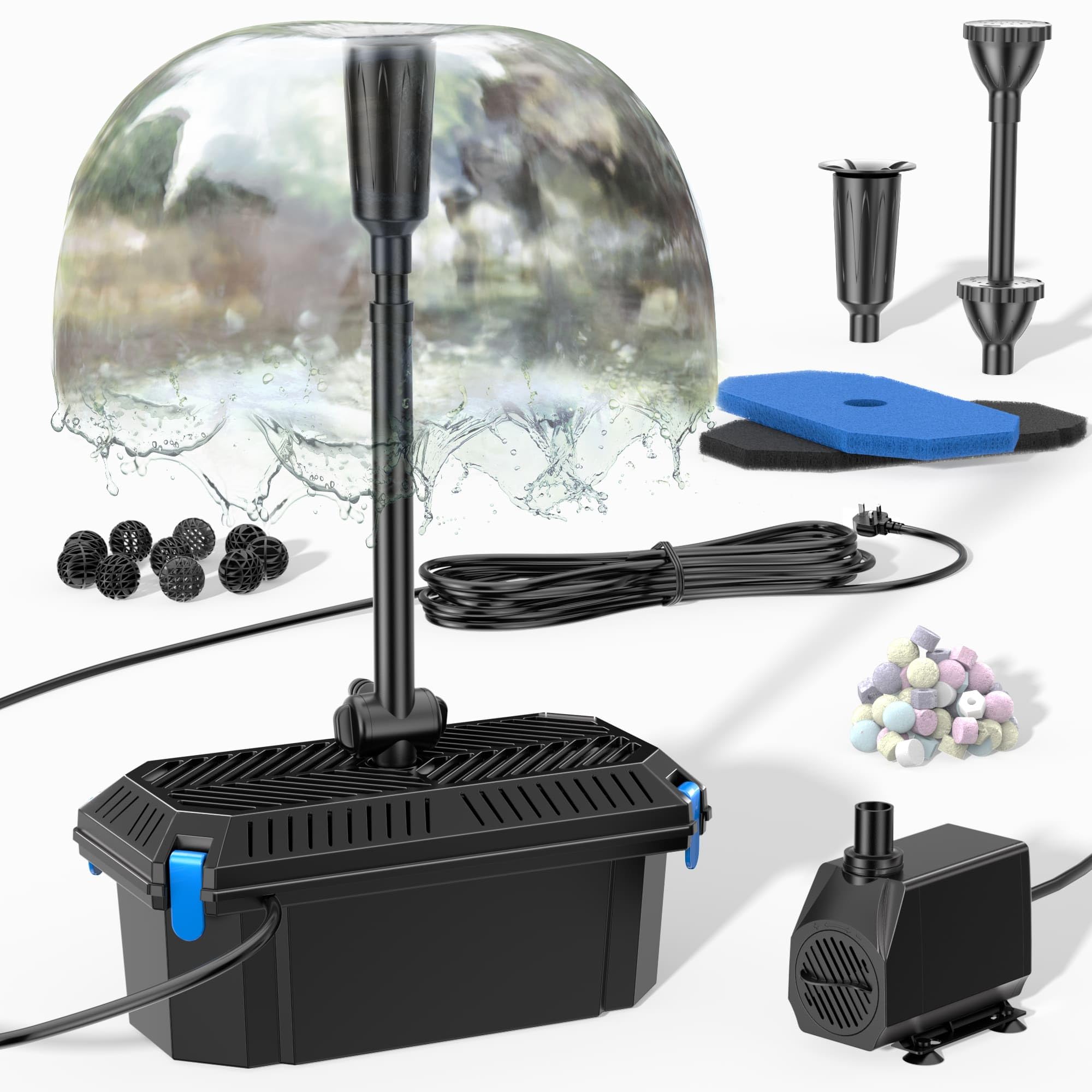 Biling Pond Filter Pump 2500 L/H 40W Pond Pump and Filter, 3 Fountain Nozzles with Water Adjust Flow Fish Tank Filters for 800-2500L Garden Ponds Water Feature Waterfall