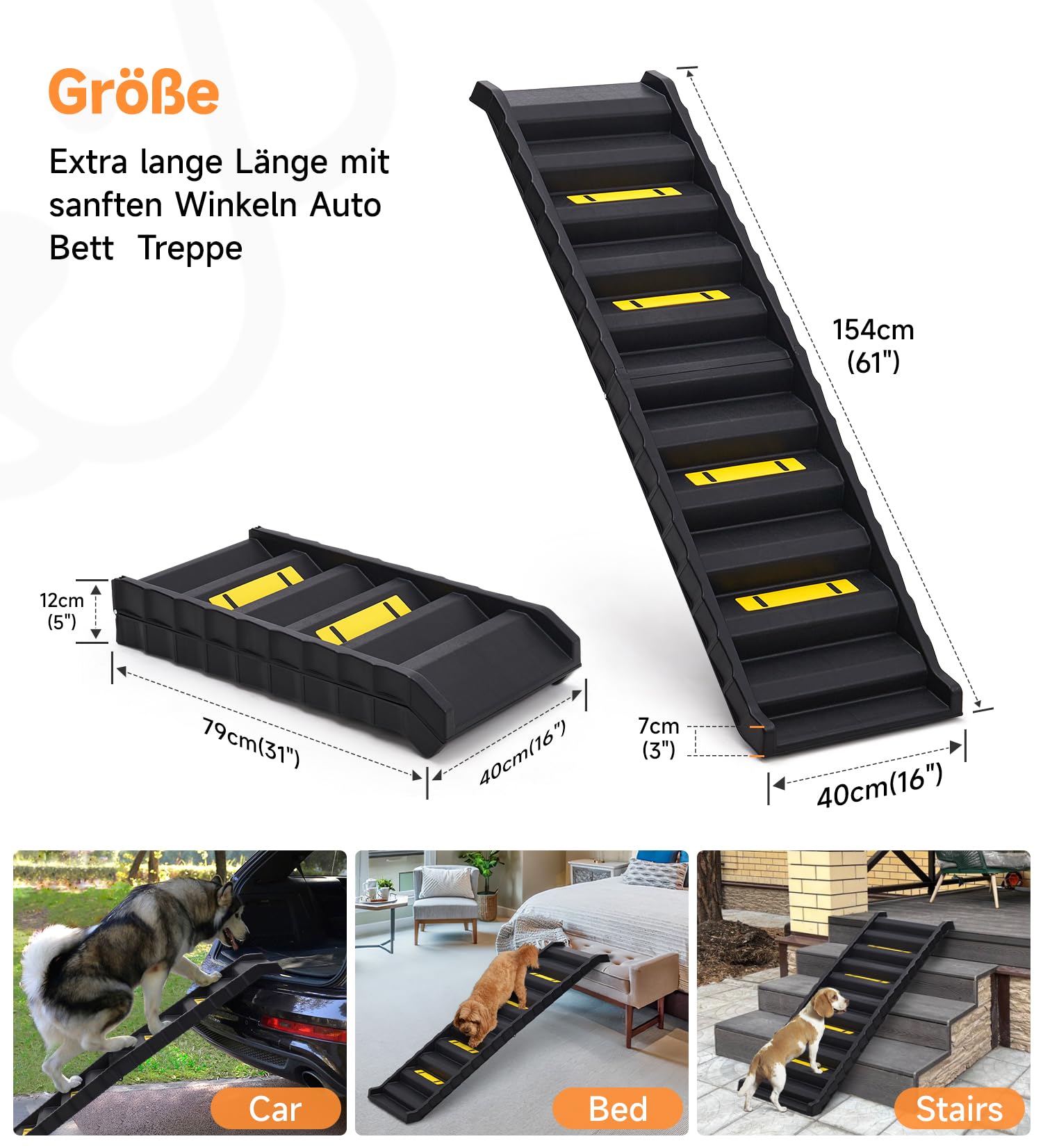 Hunderampe Auto Klappbar, Hundetreppe Für Kleine Große Hunde, rutschfeste Haustiertreppe für Bett, Sofa, Stabile Einstiegshilfe Rampe, Hundetreppe Auto Stufen für Auto Kofferraum bis 75 kg Schwarz