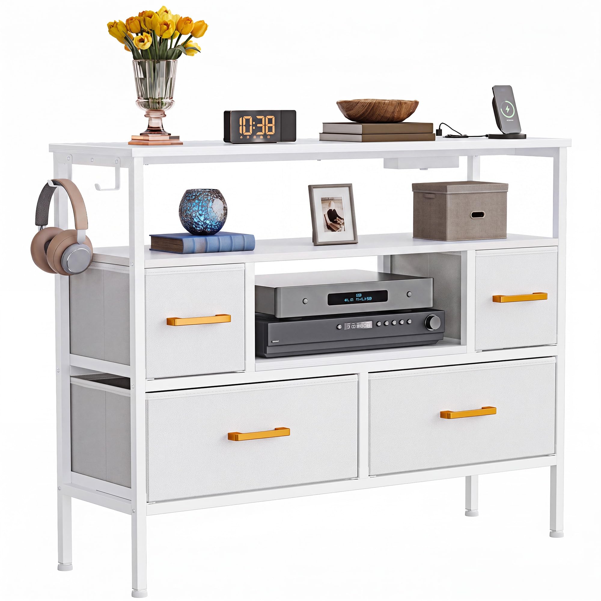 YITAHOME Fabric Drawers Cabinet with Power Outlets & LED Lights, Fabric Chest with 4 Drawers & 2 Hooks, Fits TVs up to 32 Inches, Chest of Drawers for Bedroom, Living Room, Home Office, White