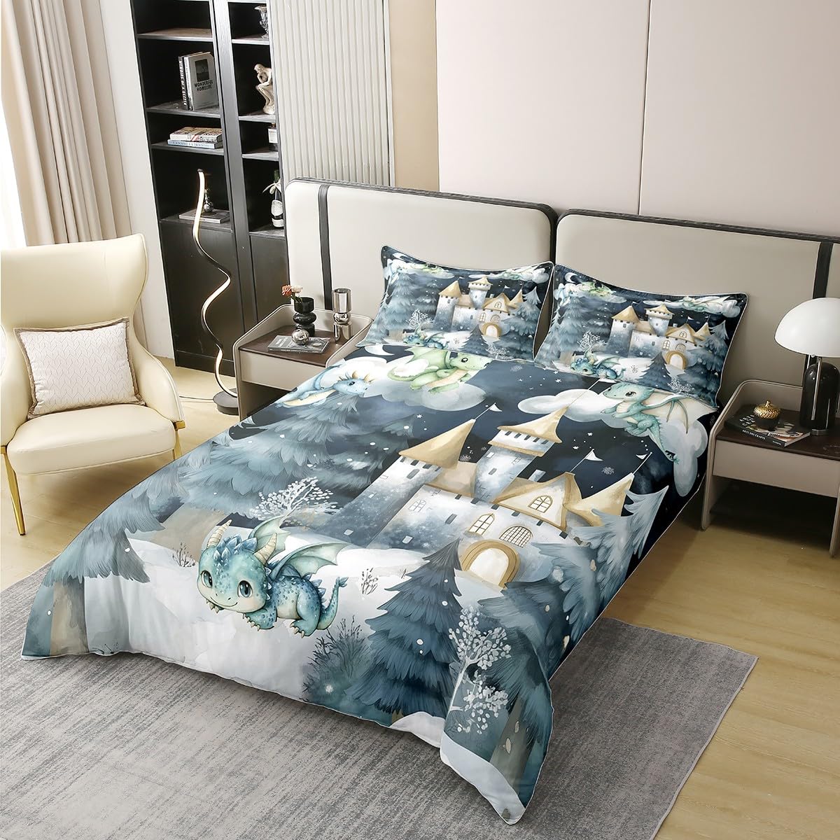 100% Natural Cotton Kids Boys Dragon Duvet Cover Twin Size,Cartoon Castle Wildlife 2 Pieces Duvet Cover,Mystery Night Jungle Pine Trees Comforter Cover (Not Comforter),Retro Tie Dyed Quilt Cover