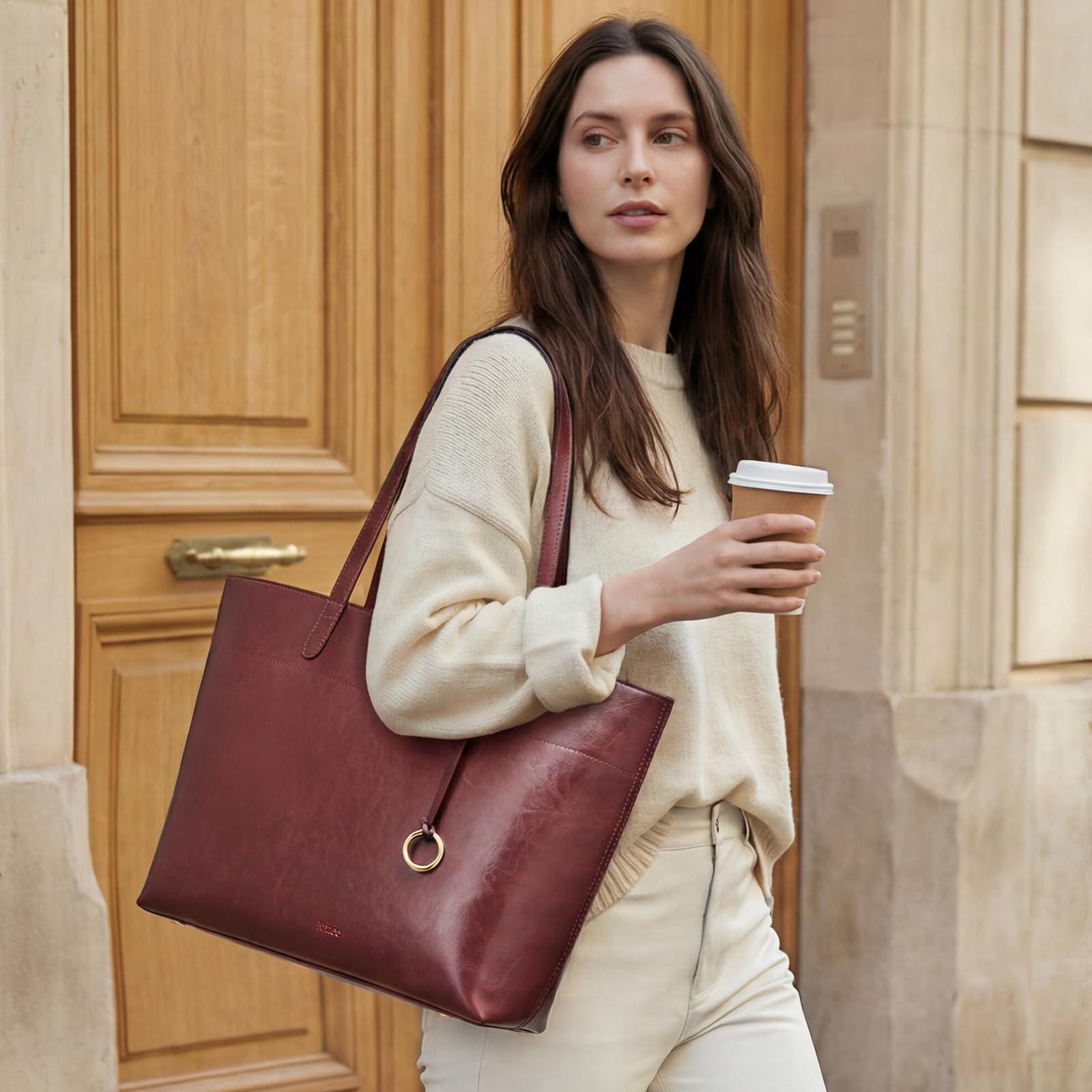 Kattee Bolso de mano vintage de piel auténtica para mujer, grande, con compartimento con cremallera, bolsos de viaje