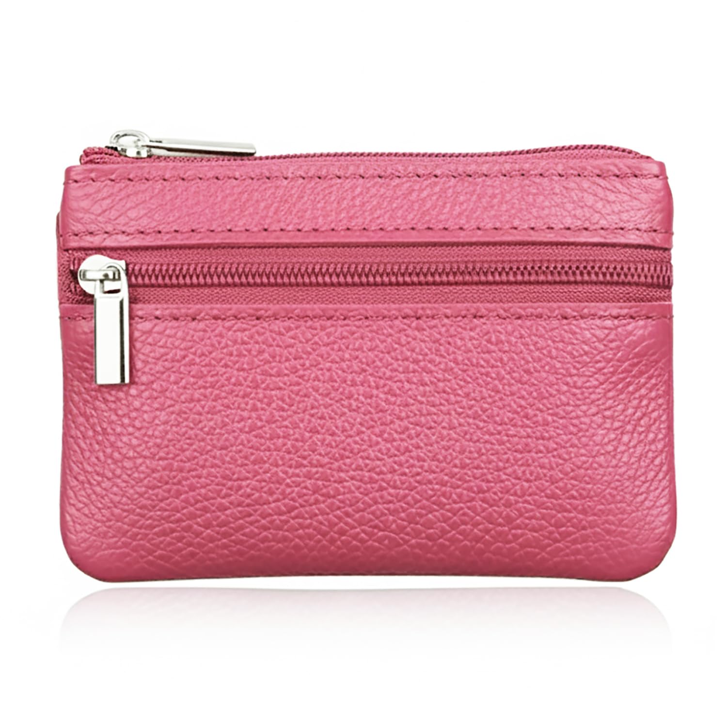 Pink Small Leather Coin Purse Change Pouch for Women Men Kids with Zip Key Ring