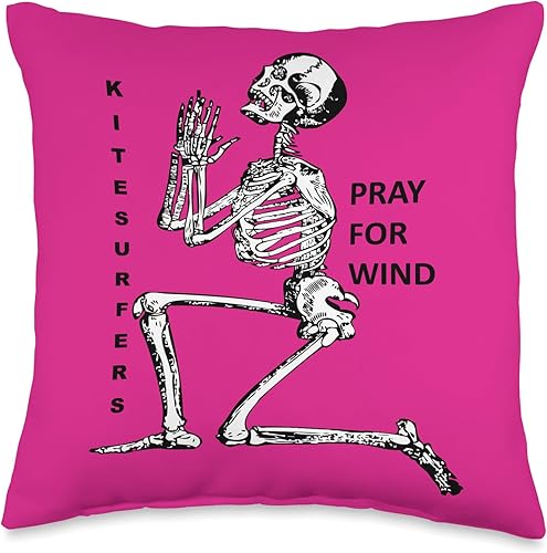 Kiteboarding Humor Kneeling Skeleton Praying for Wind 1 Throw Pillow, 16x16, Multicolor