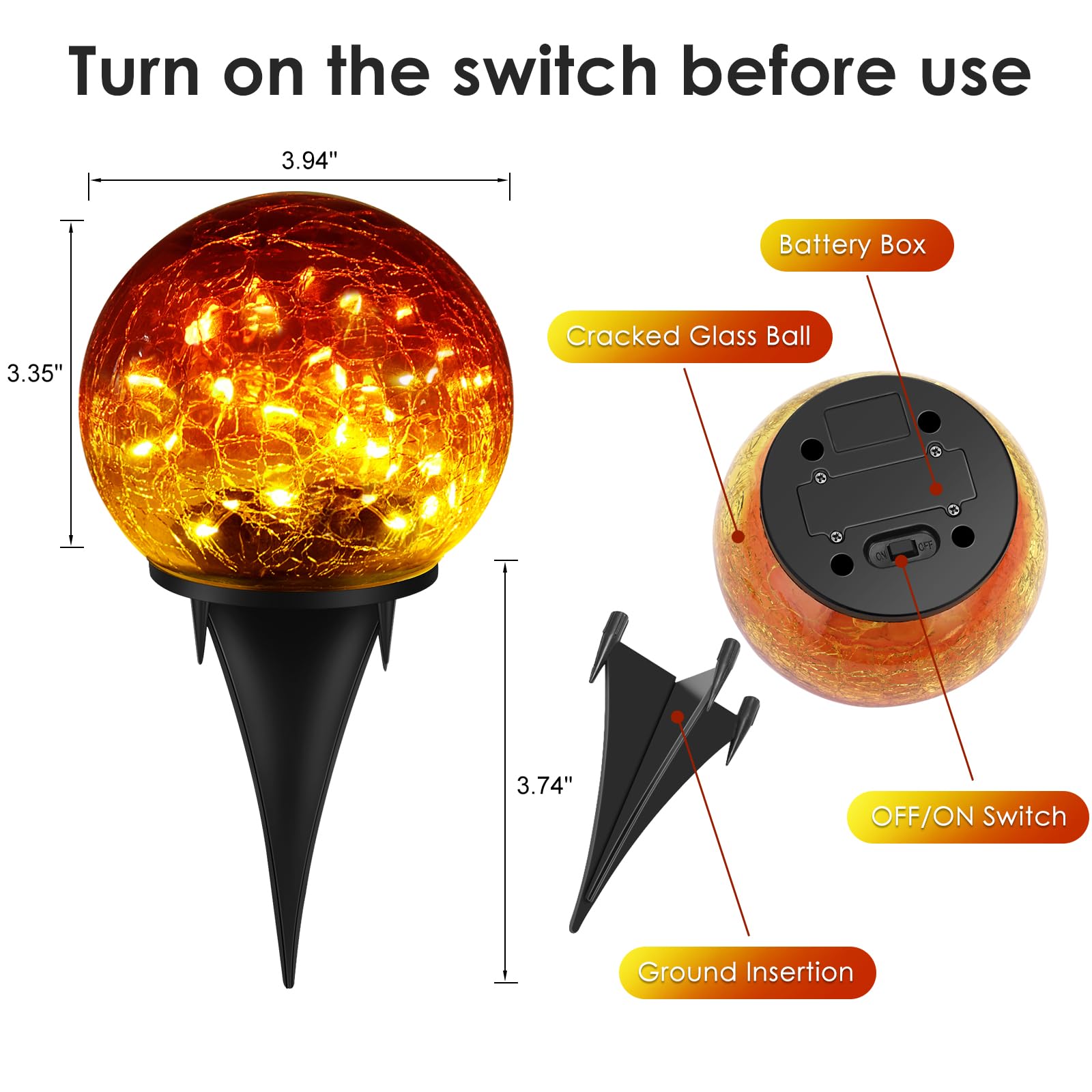 Paquete de 2 60 luces LED solares decorativas para exteriores, luces solares de cristal agrietado rojo degradado, luces de bola impermeables mejoradas para patio, camino, patio, césped