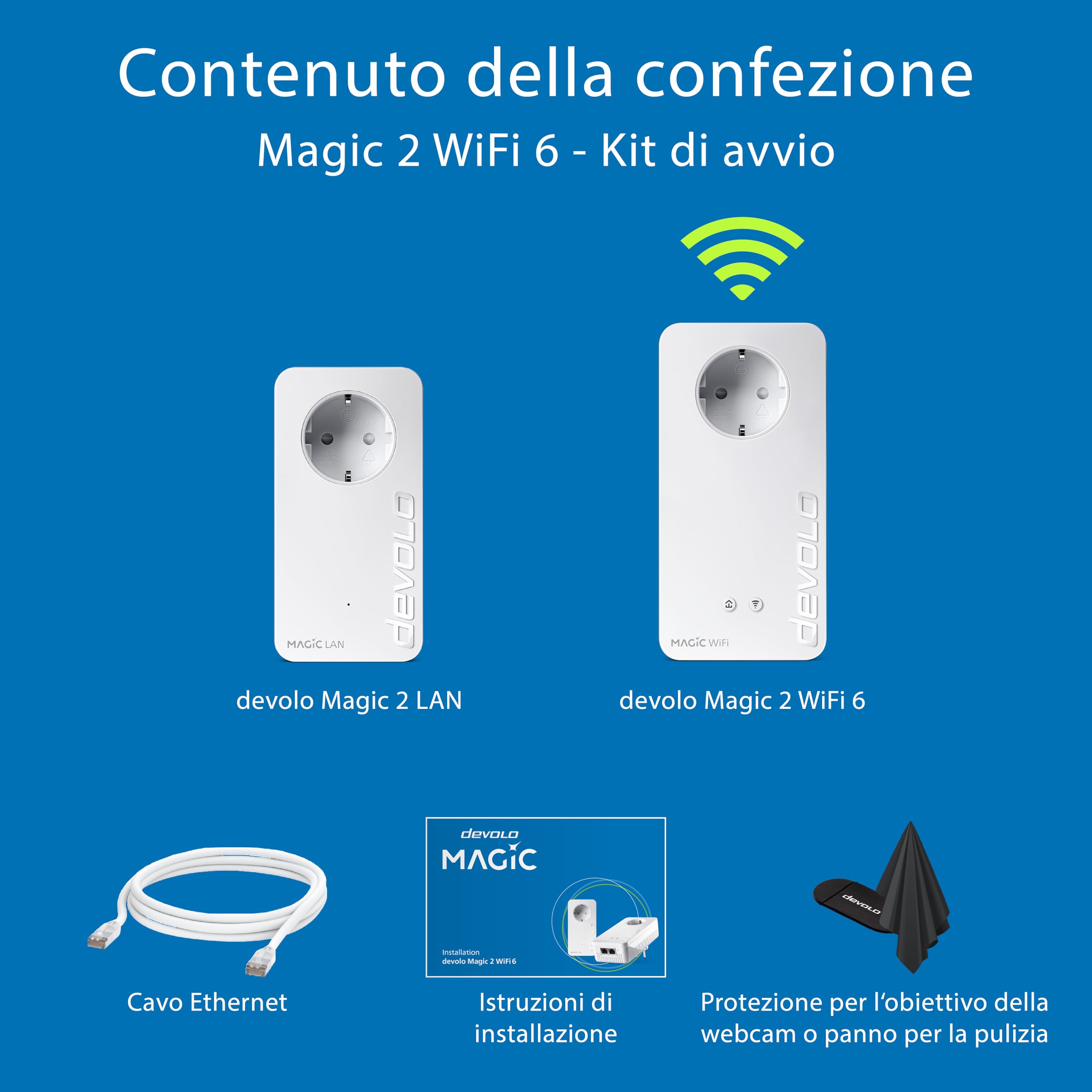 devolo Magic 2 WiFi 6 next Starter Kit, adattatore Wi-Fi Powerline, fino a 3.000 Mbps, presa Wi-Fi, 2 porte LAN Gigabit, bianco