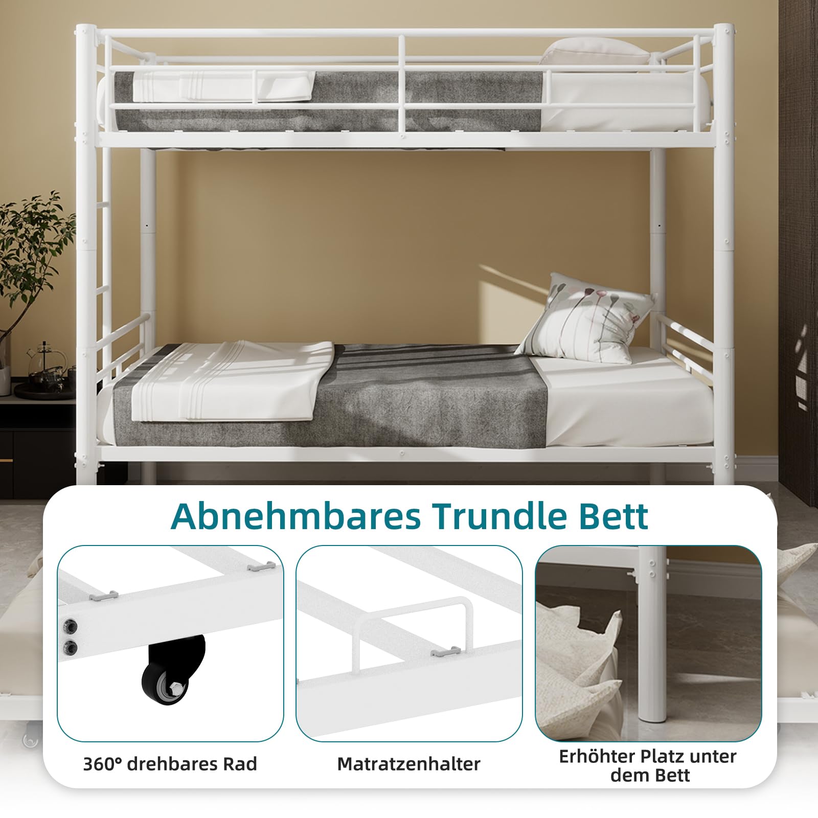 Lubvtti Letto a castello per bambini in metallo con letto estraibile,trasformabili in due letto singolo, letto per bambini 90x190 cm con scaletta e ringhiera (A-Bianco)