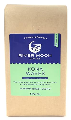 Miniatura 1 de River Moon Coffee, Kona Coffee - Grano entero, tostado medio, 2 libras, mezcla de café hawaiano Kona Waves, cultivado de forma sostenible, 32 onzas,