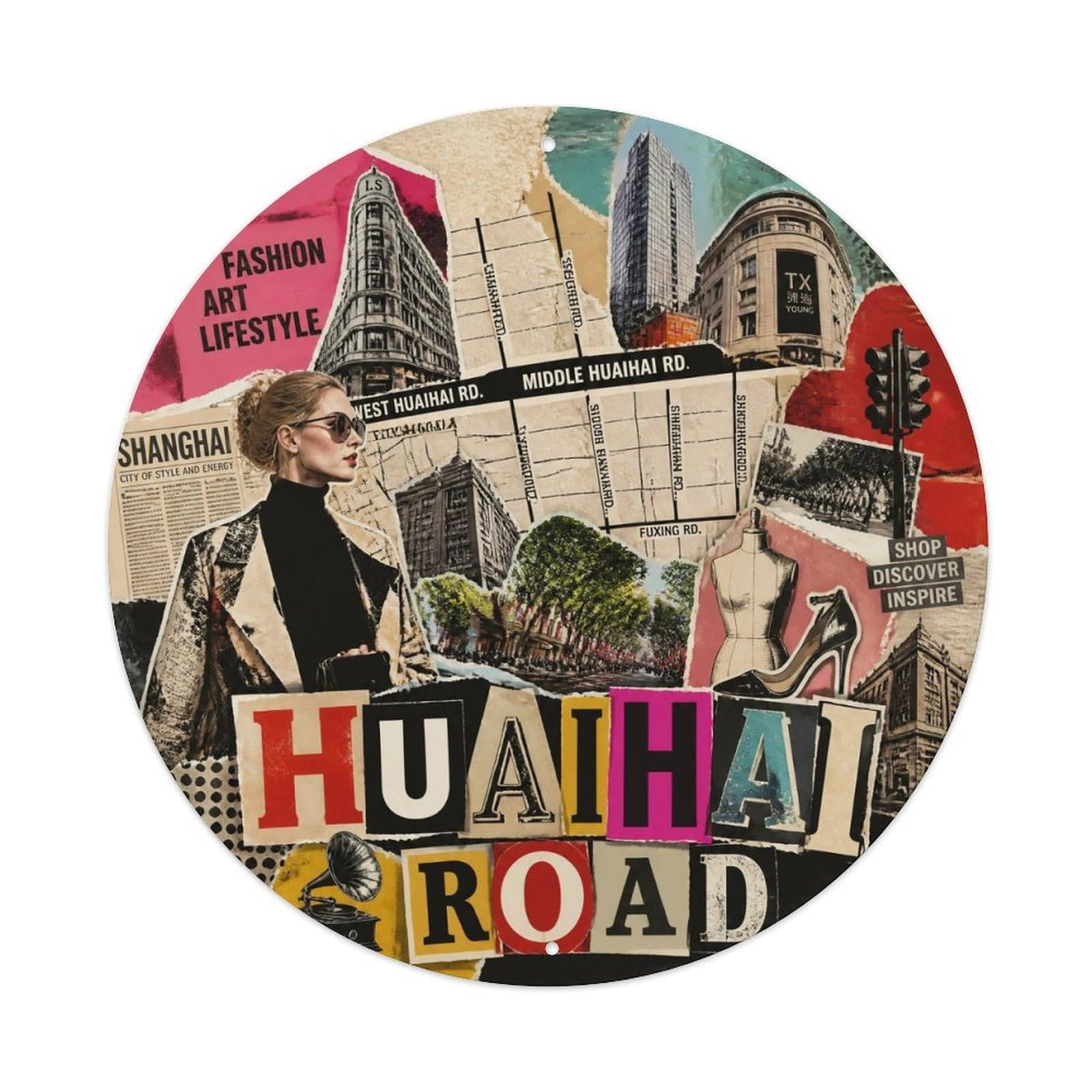 Okngb Style Huaihai Road Shanghai Collage Travel Collector Badge Metal Tin Sign Plaque Wall Decor For Cafe, Man Cave, Club Bar, Office, Home Garden Round Metal Poster 8X8inch