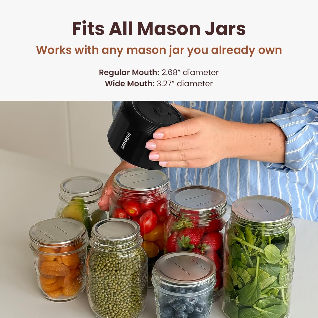 Plateful Kit de sellado al vacío eléctrico para tarros Mason Jar (tapas incluidas) para tarros de boca ancha y boca regular, sellador al vacío portátil, máquina enlatadora de almacenamiento de