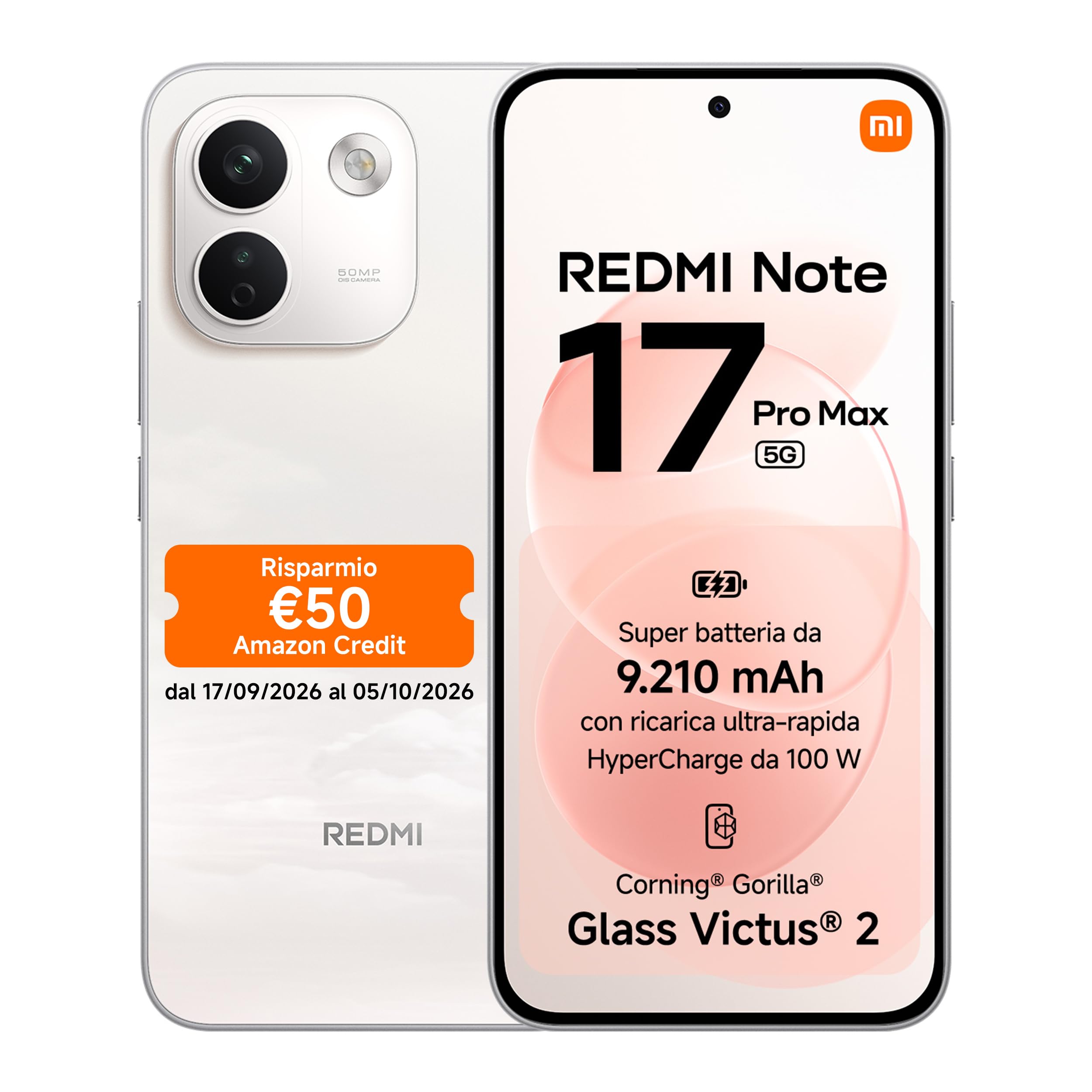 REDMI Note 17 Pro Max 5G, Smartphone 8+512GB, Cloud Blush, Batteria 9210mAh | Snapdragon® 6 Gen 5, Fotocamera OIS 50MP, HyperCharge 100W, Resistenza IP66/IP68, Flagship Display, Xiaomi HyperAI