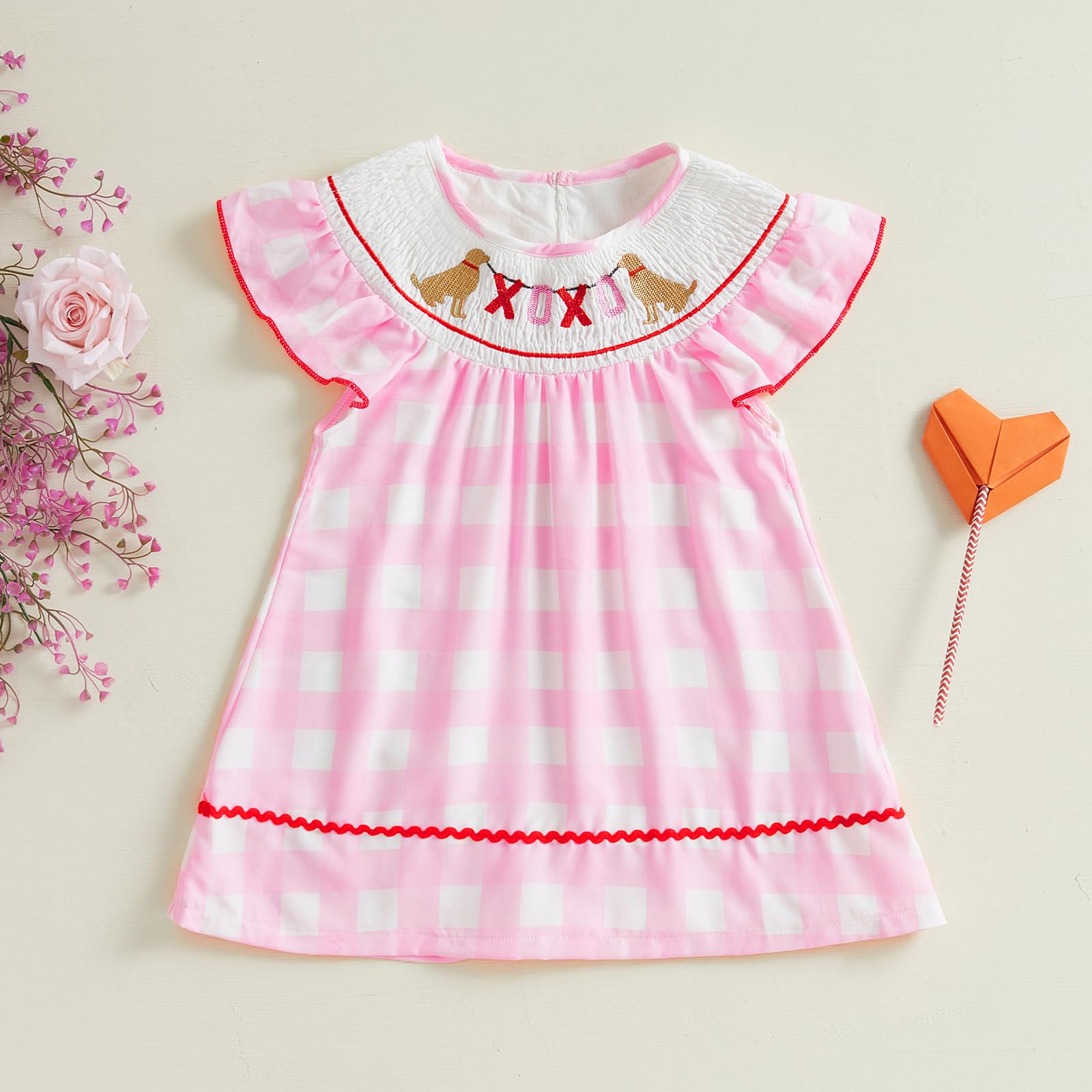 Toddler Baby Girl Valentines Day Outfit Fly Sleeve Embroidery Smocked Dress Playwear Plaid Princess Dress 1-5T (Pink, 12-18 Months)