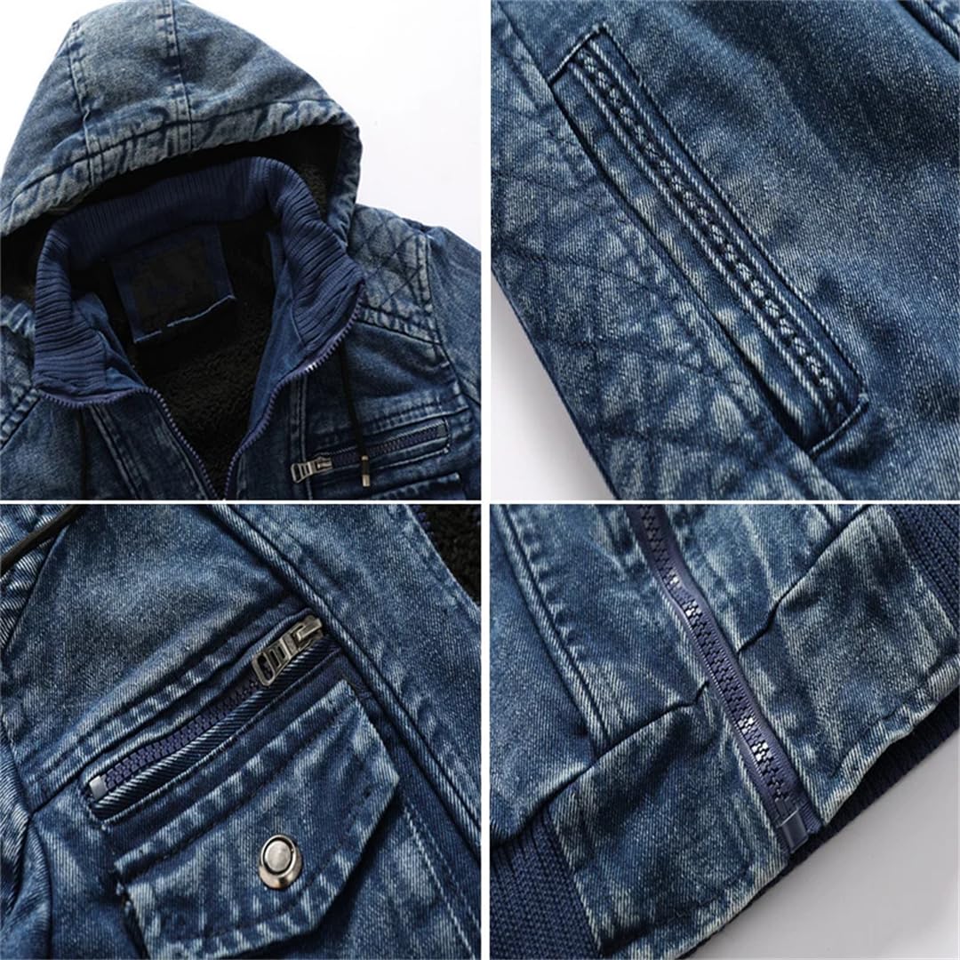Adhdyuud Męskie bluzy z kapturem kurtka dżinsowa z kieszeniami vintage slim fit płaszcze dżinsy na co dzień ciepła odzież wierzchnia