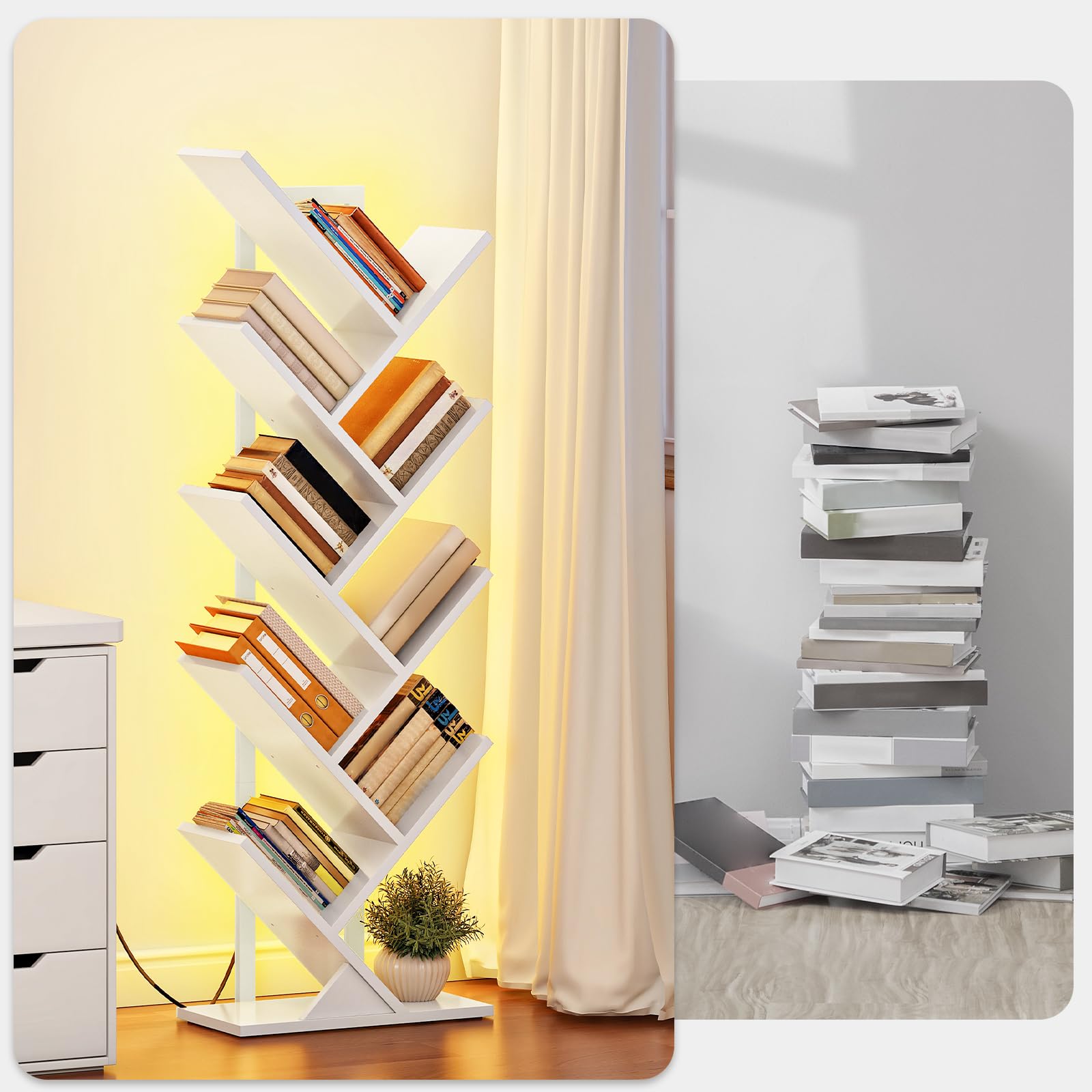 HOOBRO Librería en Forma de Árbol de 8 Niveles, Estantería Esquinera de Pie, Biblioteca Moderna con Marco de Metal para Libros, CDs, Salón, Dormitorio, Oficina, Blanco EWW08CDSJ01