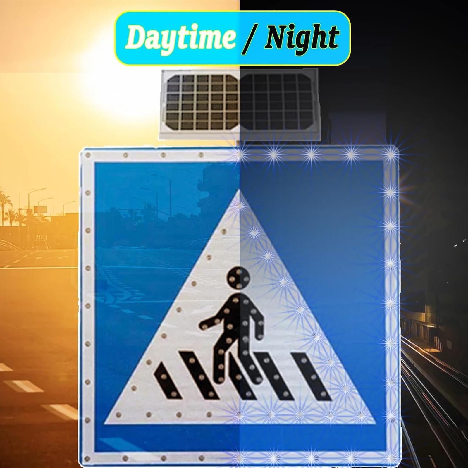 Señal LED intermitente de paso de peatones con energía solar, advertencia de peatones de alto brillo, impermeable y fácil instalación para seguridad vial