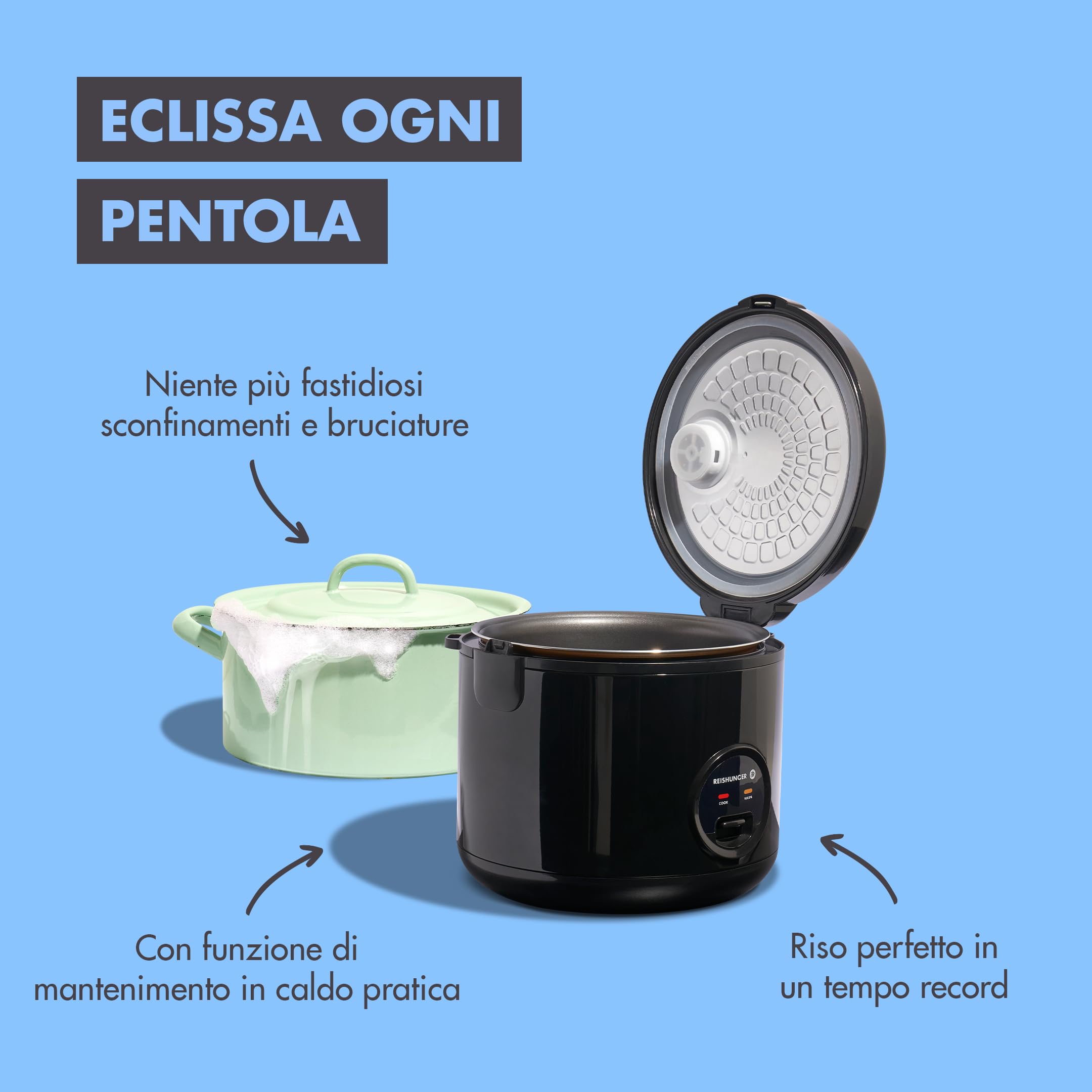 Reishunger Cuociriso Elettrico e Vaporiera con Funzione di Mantenimento del Caldo, Bianco - Per 1-6 Persone - Preparazione Rapida Senza Bruciature - Rivestimento Ceramico