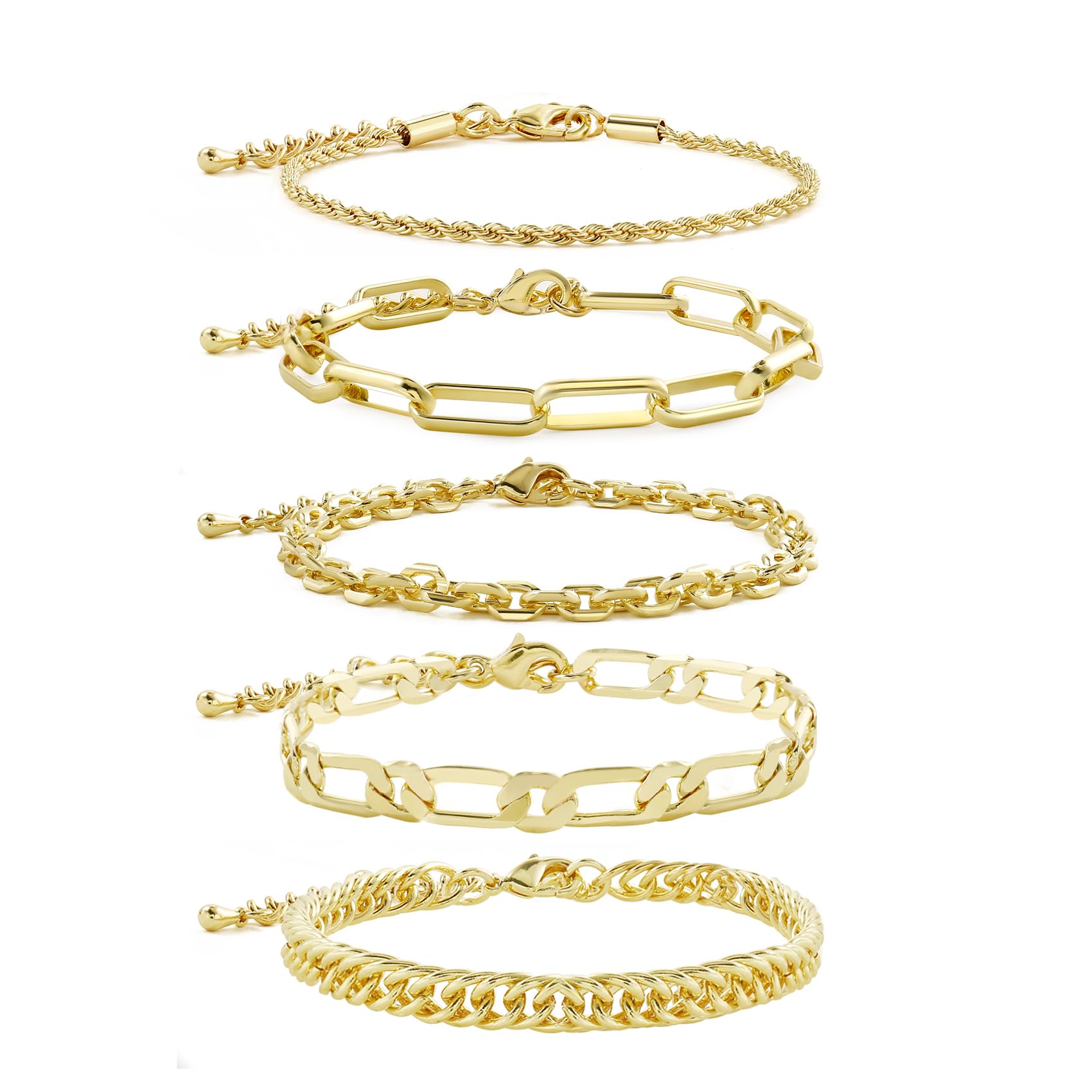 CONRAN KREMIX Gold Filled Bracelets For Women Dainty 14K Real Gold Chunky Chain Layered Paperclip Rope Chain Stake Stackable Bracelet Set Fashion Trendy Gold Jewelry For Women