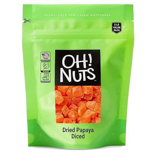 Oh! Nuts Papaya seca en dados Bolsa a granel de 2 libras para papaya deshidratada para bocadillos y horneados Revestimiento de azúcar ligero, bajo