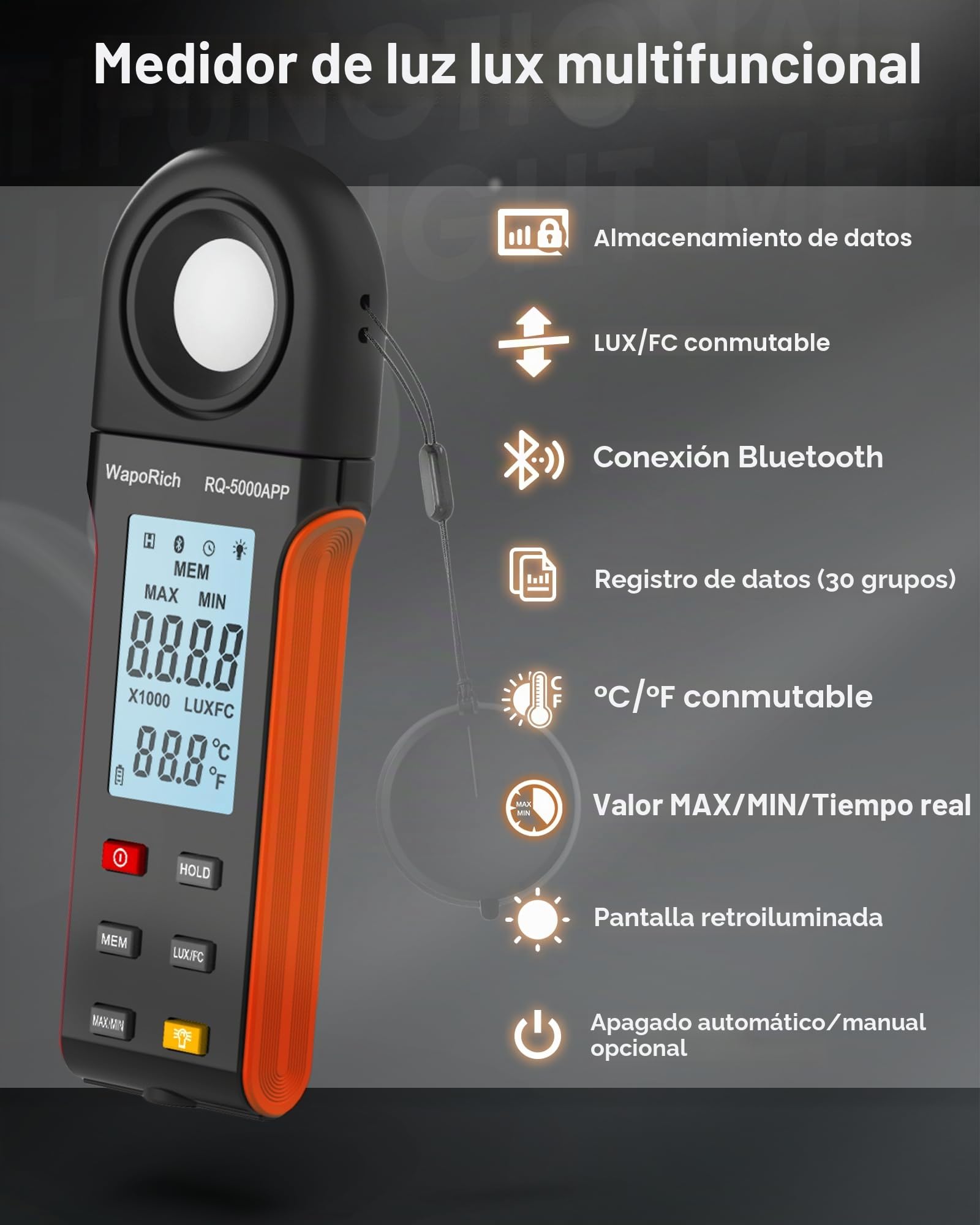 Luxometro Bluetooth Medidor de Iluminacion, WapoRich Medidor de Luz Digital 1~400.000 lux (1~40.000 FC) Luxómetro Portátil con Sensor Giratorio de 270º y Temp Ambiente (℃/℉) para Plantas RQ-5000APP