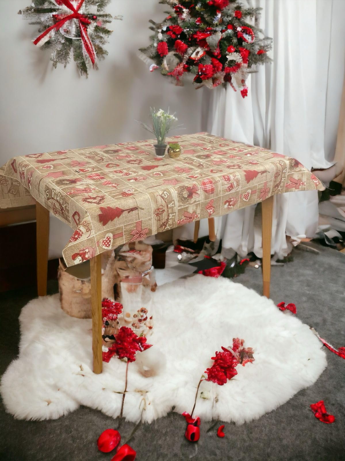 Mantel Tela resinada Impermeable Antimanchas para Mesa Rectangular, Cuadrada o Redonda de Motivos navideños - Happy Christmas (140_x_325_cm)