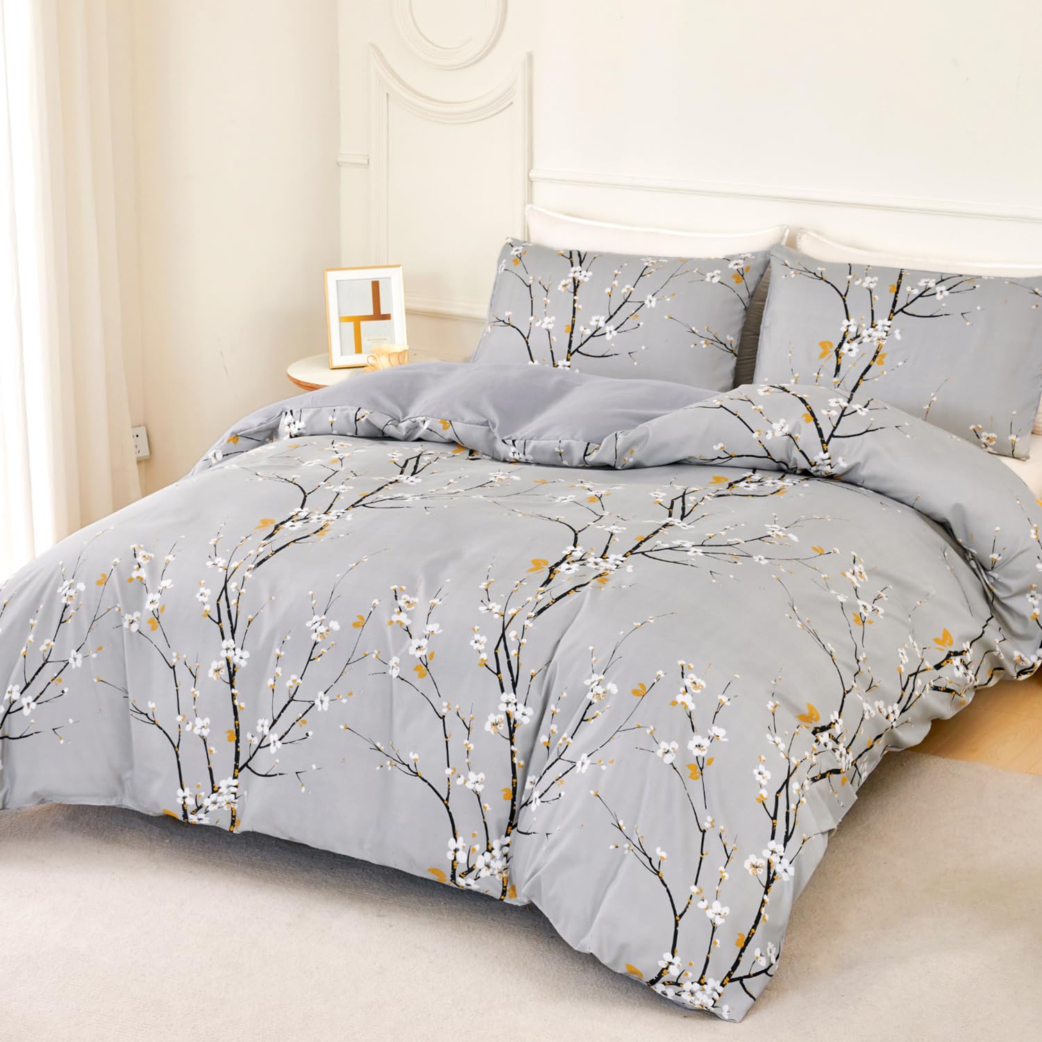Jemiipee Set Copripiumino Floreale Letto Matrimoniale Motivo a Fiori e Rami, 1 x Copripiumino 220x240 cm e 2 x Federe 50x75 cm Completo Sacco Parure Letto Moderno Microfibra Grigio