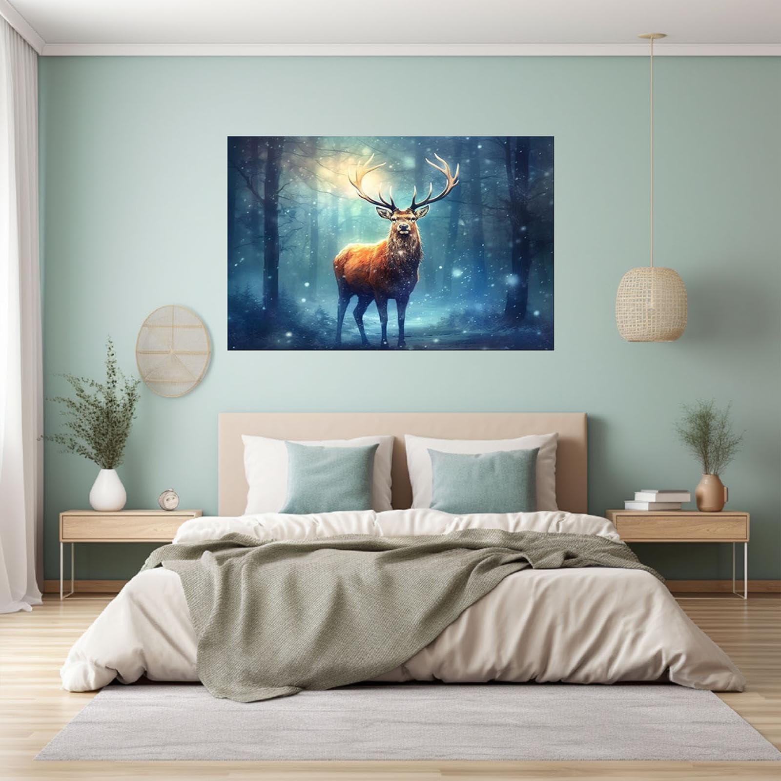 JOSUE Tier Bilder Aesthetic Leinwand,Abstrakter Winterwaldhirsch Blau Weiss Modern Kunstdruck Wanddeko Wandbilder Wohnzimmer-75x115cm Ungerahmt