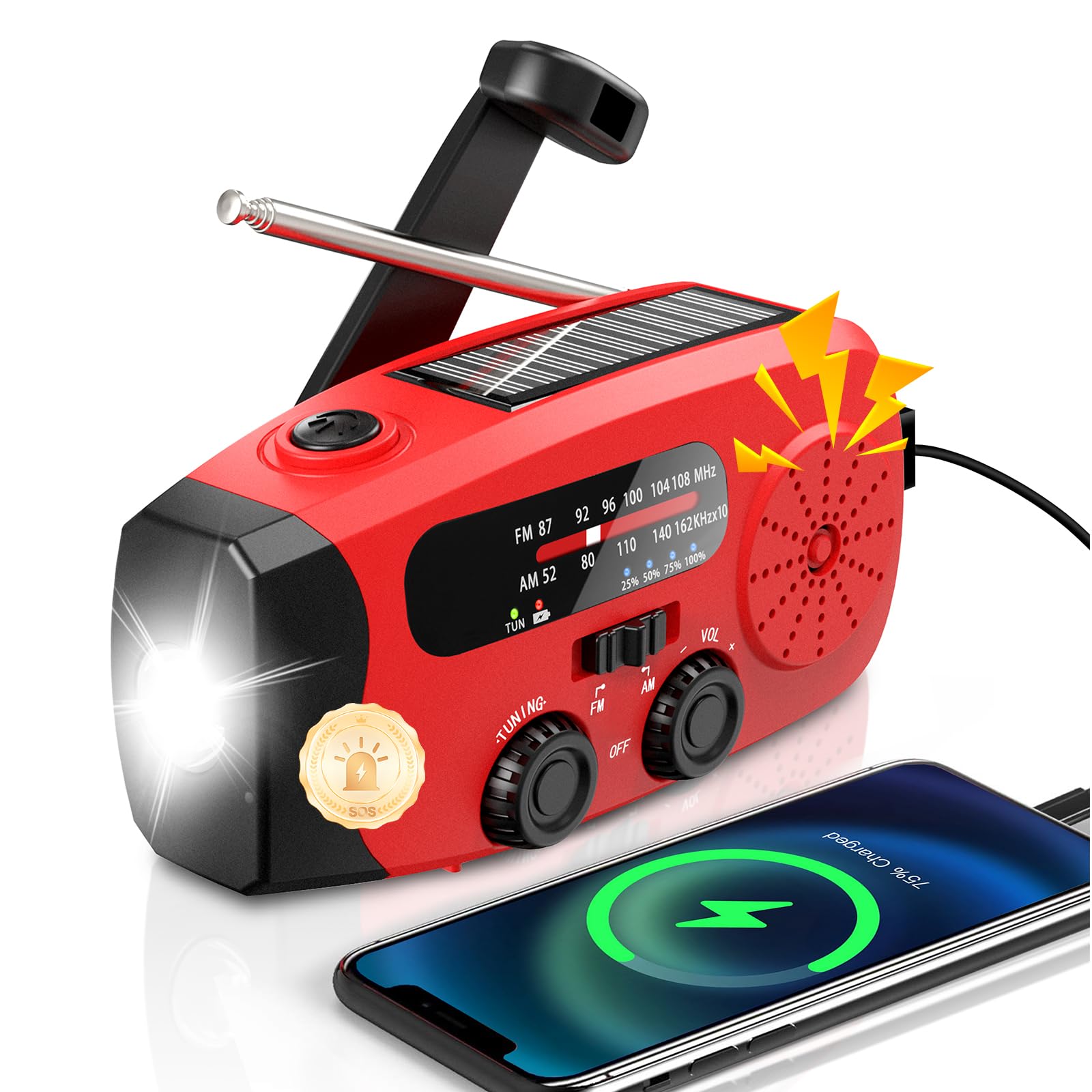 Wind Up Solar Radio, Emergency Radio, Portable Hand Crank Radio, AM/FM Radio with LED Torch, 7400mWh Rechargeable Power Bank, SOS Alarm, USB Phone Charger, Emergency Use for Camping Hiking (Red) 2000mAh Red 2000mAh