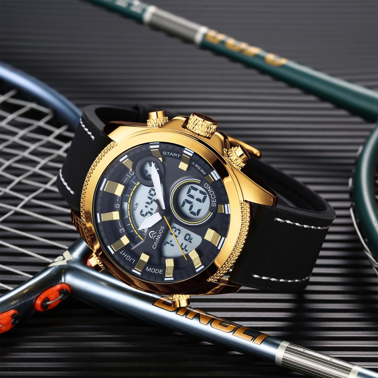 Orologio da uomo analogico digitale con doppio display, movimento al quarzo + elettronico, quadrante grande da 46 mm, resistente all'acqua fino a 30 m, cinturino in pelle e silicone
