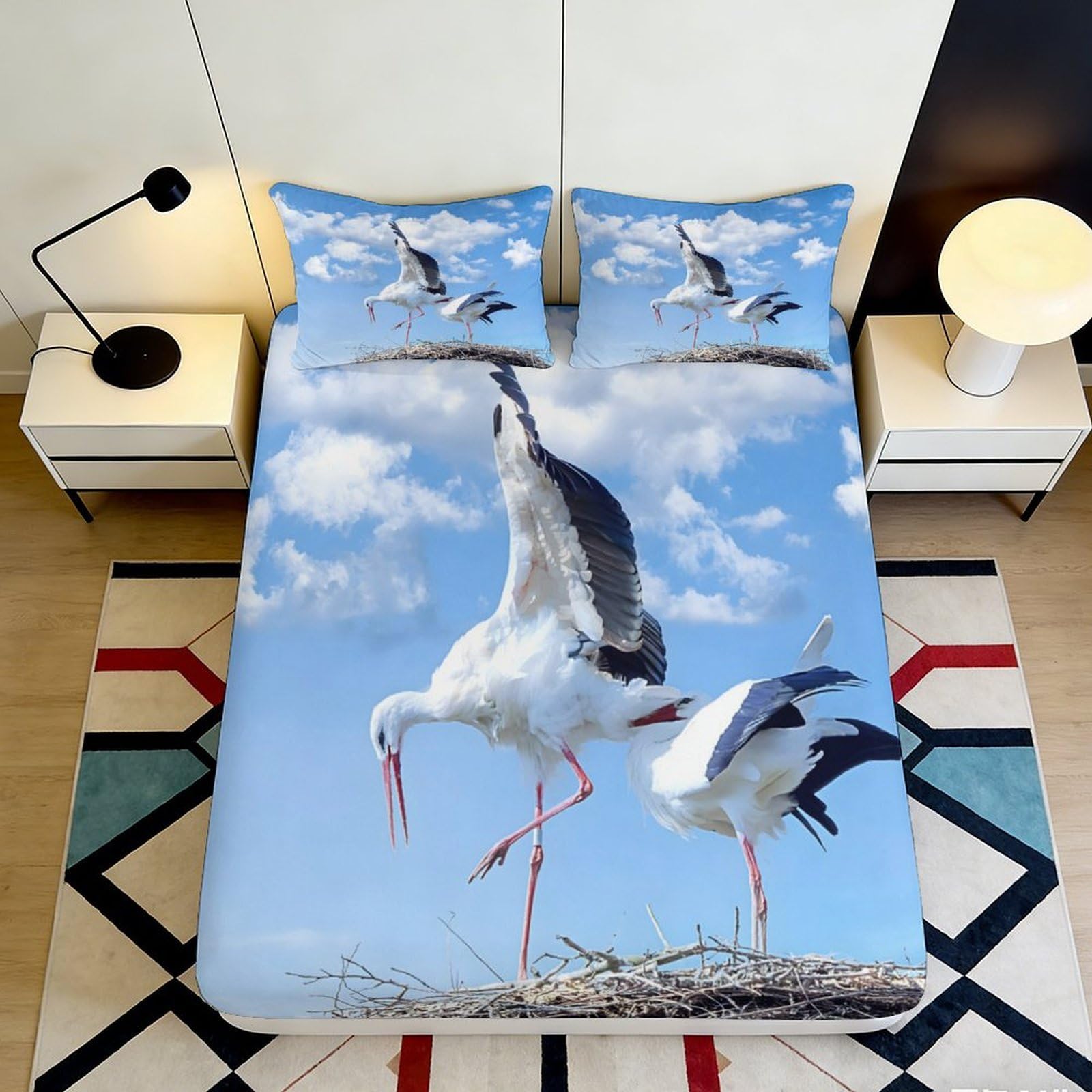 3D Printed Stork Sky Fitted Sheet Microfiber Soft Breathable Bird Nest Mattress Cover for Bedroom Guest Room Decor 90x200x25cm