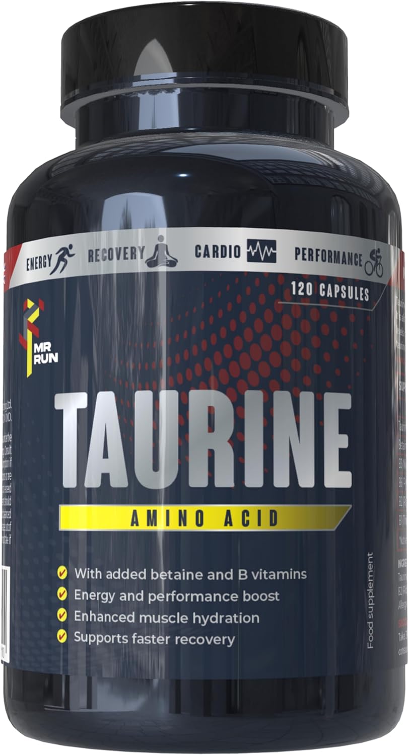 Taurine Supplement, 120 Capsules – High Strength Amino Acid for Energy, Performance, Recovery – with Betaine HCl & B Vitamins – Pre & Post Workout Running Gym Cycling – L-Taurine Tablets, 40 Servings