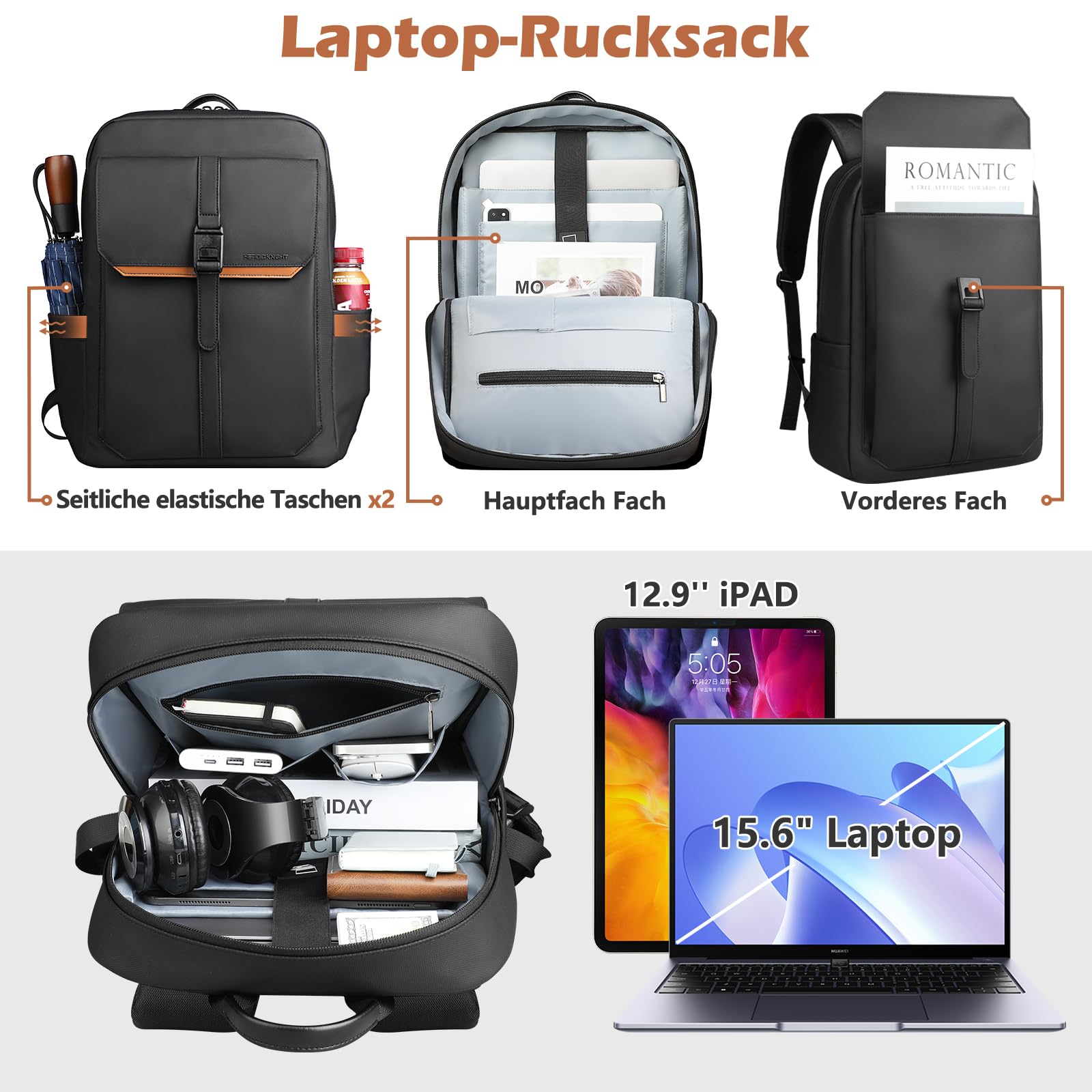 hk Business Rucksack Herren Damen Slim Laptop Rucksack 15,6 Zoll | Wasserabweisender mit Magnetverschluss, Tagesrucksack für Arbeit, Uni, Alltag und Reise – Schwarz