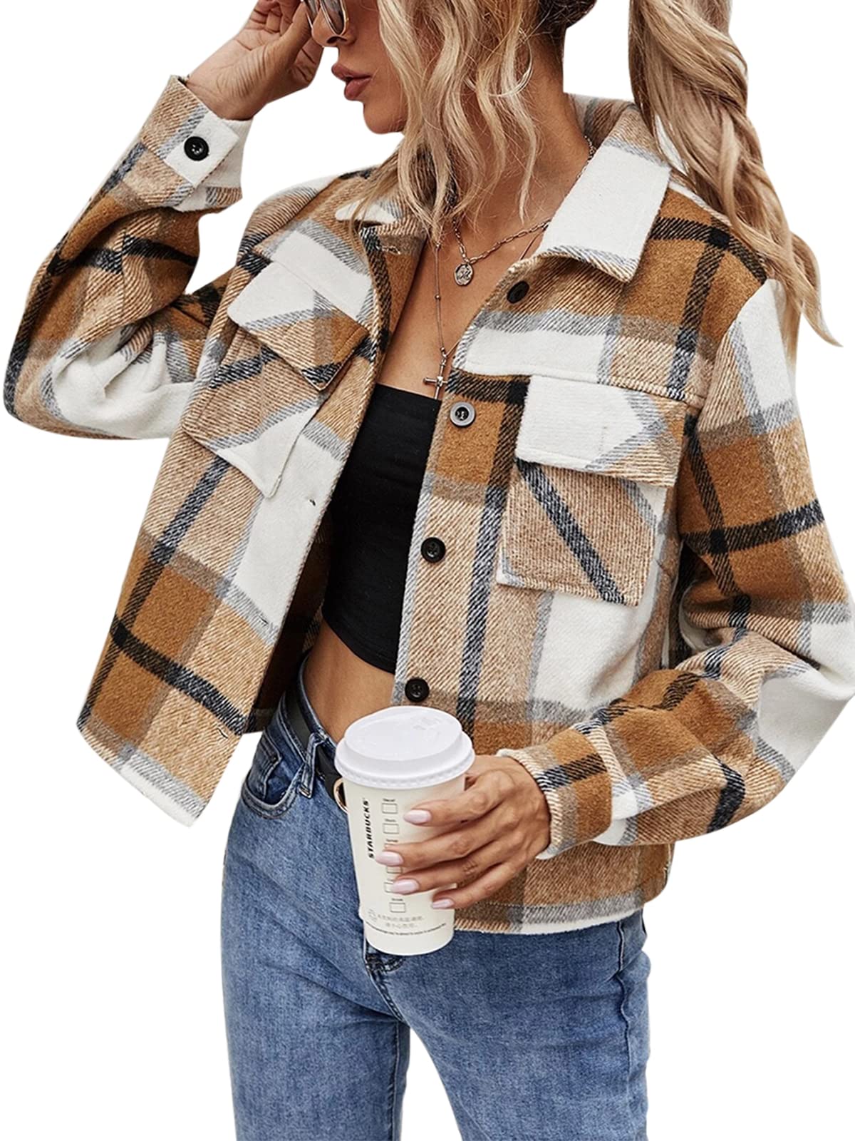 RAMOUG Women's Long Sleeve Button Down Cropped Flannel Jacket Coat Plaid Shacket