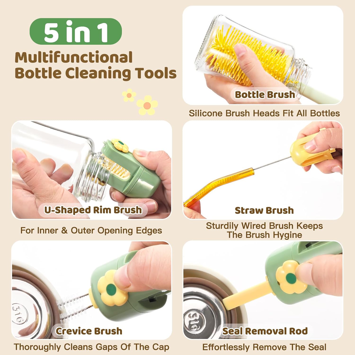 Orzbow 2 Pack Baby Bottle Brush, 5 in 1 Travel Set, Green | Silicone Bottle Cleaner Brush, U-Shaped Rim Brush, Straw Brush, Crevice Brush & Seal Removal Rod