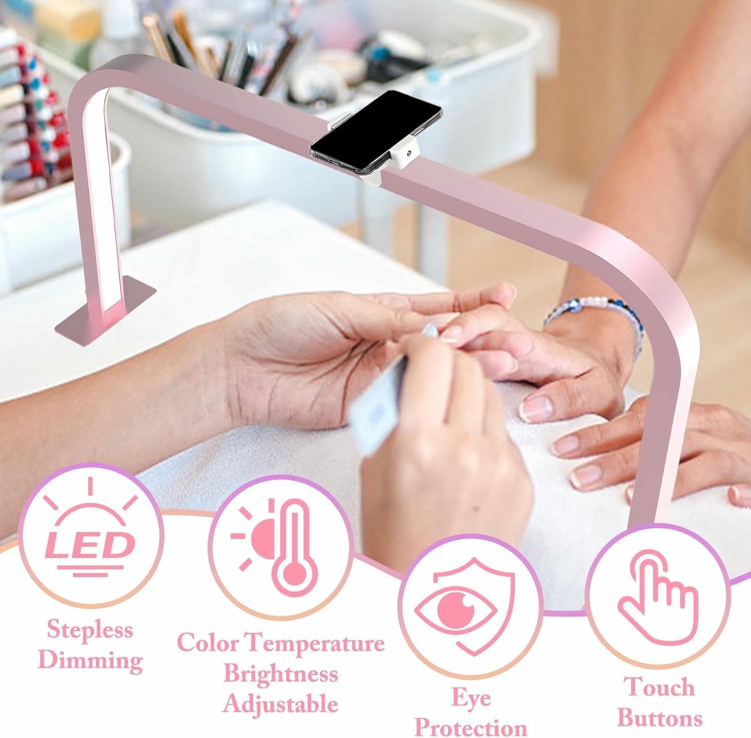 Half Moon LED Light for Nail Tech, Squaree Arch Light for Nail Desk Lamp with Stand Adjust Brightness 3000K‑6000K for Manicure Handicraft Lighting