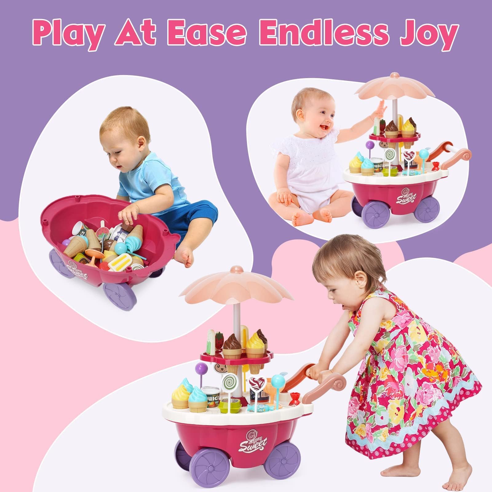 Carrello dei Gelati Bambini, Gelateria Giocattolo 36 Pezzi, Carretto Gelato Giocattolo con Deposito, Giochi di Ruolo Regalo per Bambina 3 Anni