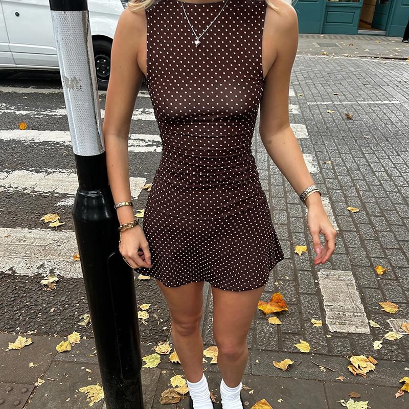 Image of Polka Dot Mini Dress for Women Sleeveless Tank Halter Dress Vintage Downtown Girl Clothes Party Going Out