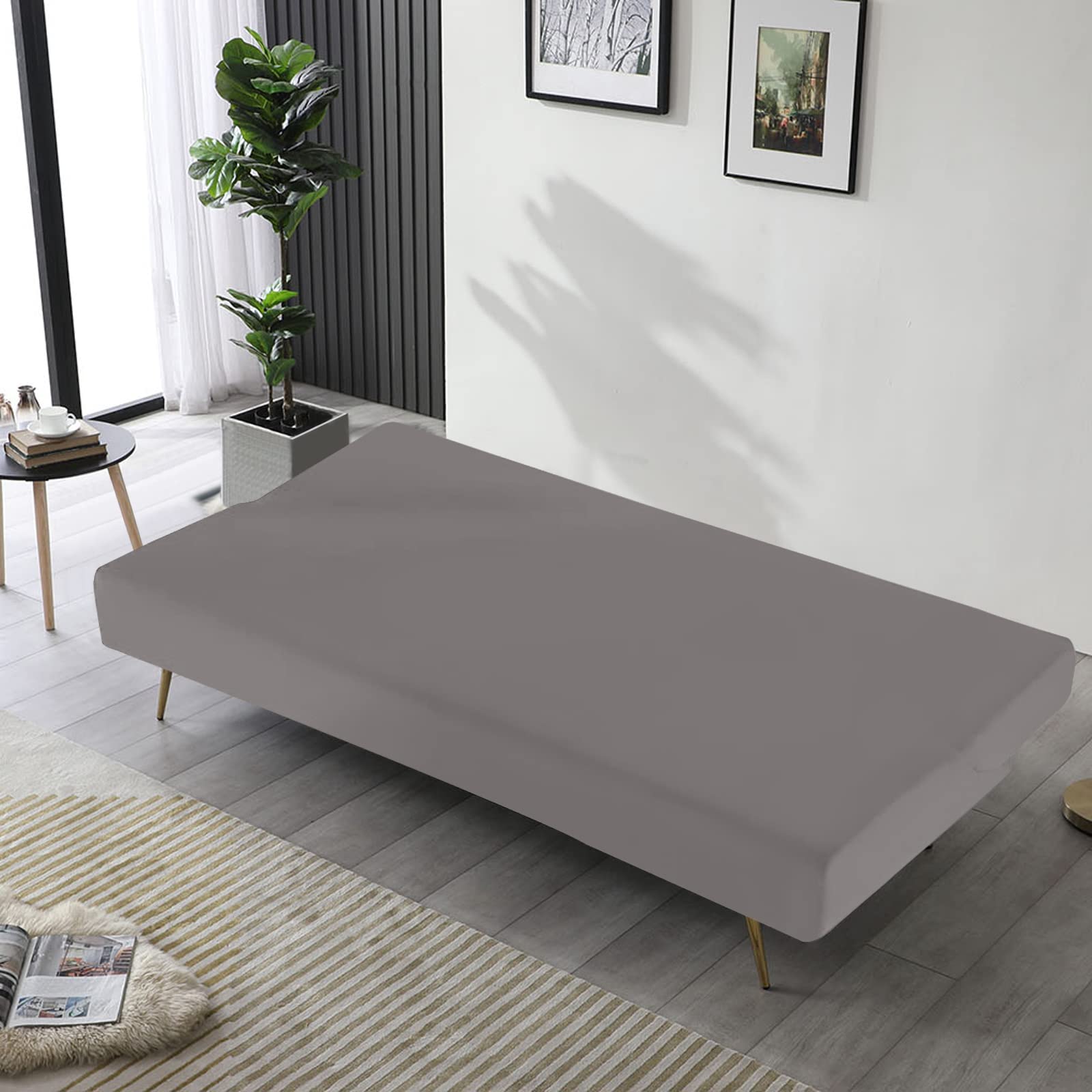 FIGOOO Copridivano senza Braccioli 3 Posti Elasticizzato Copridivano Letto Pieghevole Universale Lavabile Spandex Fodera per Futon a Tinta Unita Coperture Divano Clic Clac per Soggiorno Casa,Grigio