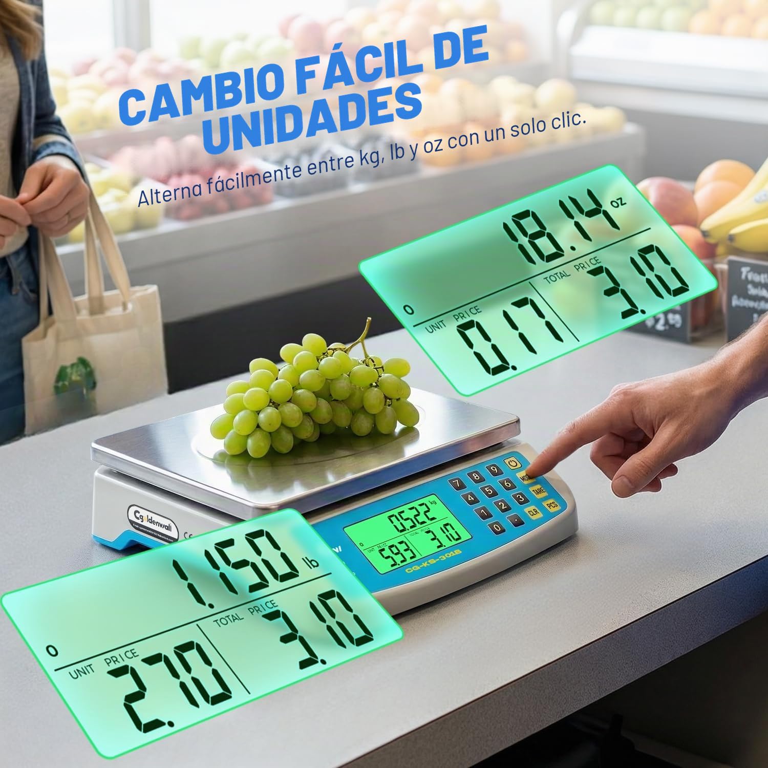 CGOLDENWALL Báscula de Cocina Profesional 30kg/1g - Balanza Alimentos Digital con Plataforma de Acero Inoxidable, Pantalla LCD, Conversión KG/LB/OZ y Doble Alimentación, para Tienda, Panadería y Hogar