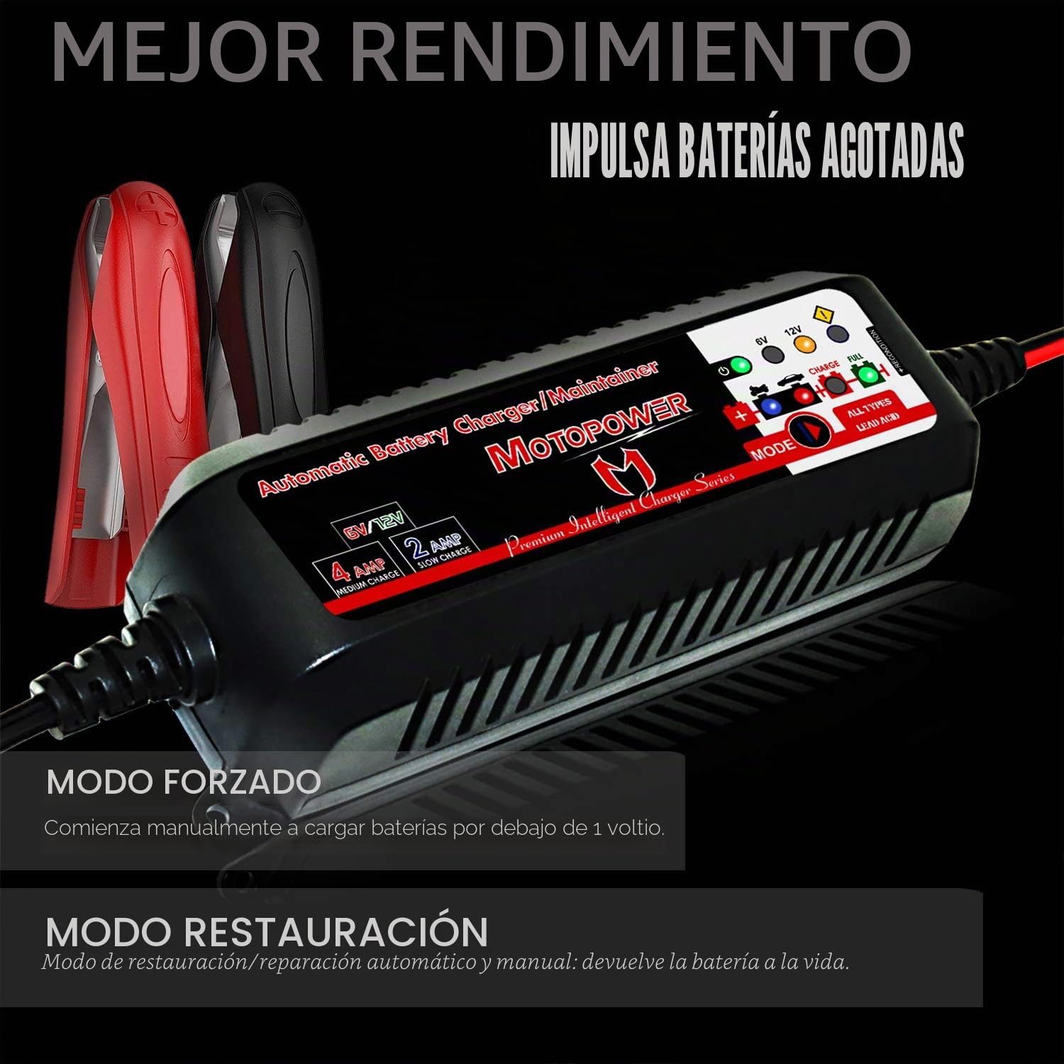 MOTOPOWER MP00207-FR 6V/12V 4AMP Cargador Inteligente Totalmente Automático Maintainer con Modo de Recuperación de la Batería