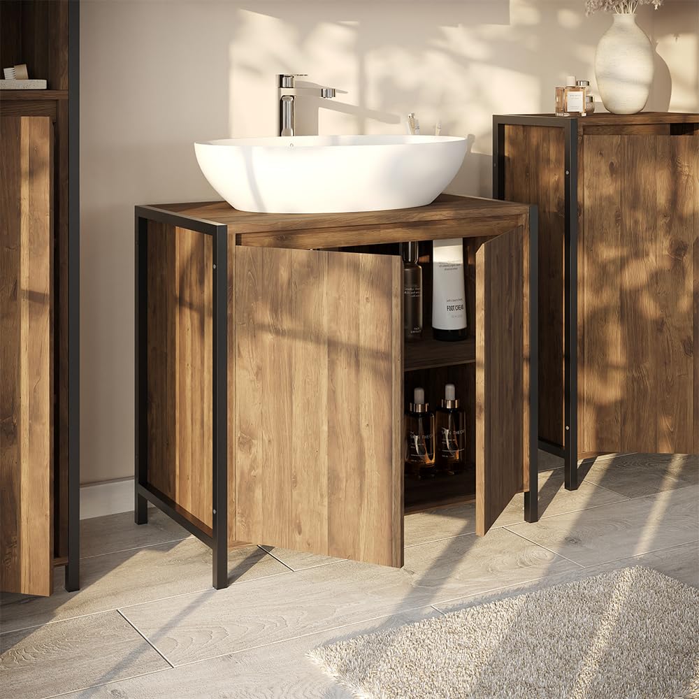 Vicco Mobile sottolavabo per bagno Naola, Quercia/nero, 70 x 65 cm | con 2 scomparti chiusi, per la conservazione di articoli da bagno e asciugamani